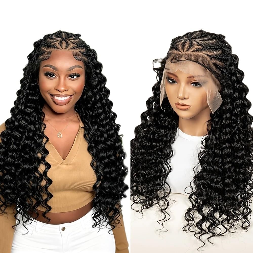 Parrucche intrecciate for donne nere, parrucca riccia con treccine, capelli sintetici Glueless con frontale in pizzo da 24 pollici, completamente bob Soffice e Naturale