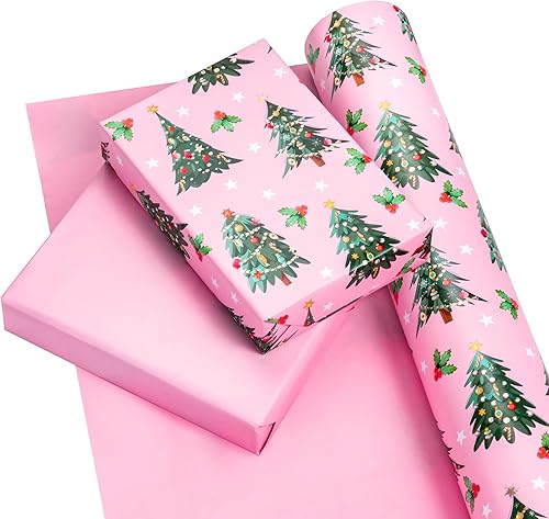 Vista 105 de WRAPAHOLIC Papel de regalo reversible de Navidad, mini rollo, 17 pulgadas x 33 pies, diseño de gnomo azul morado y cuadros con brillo metálico