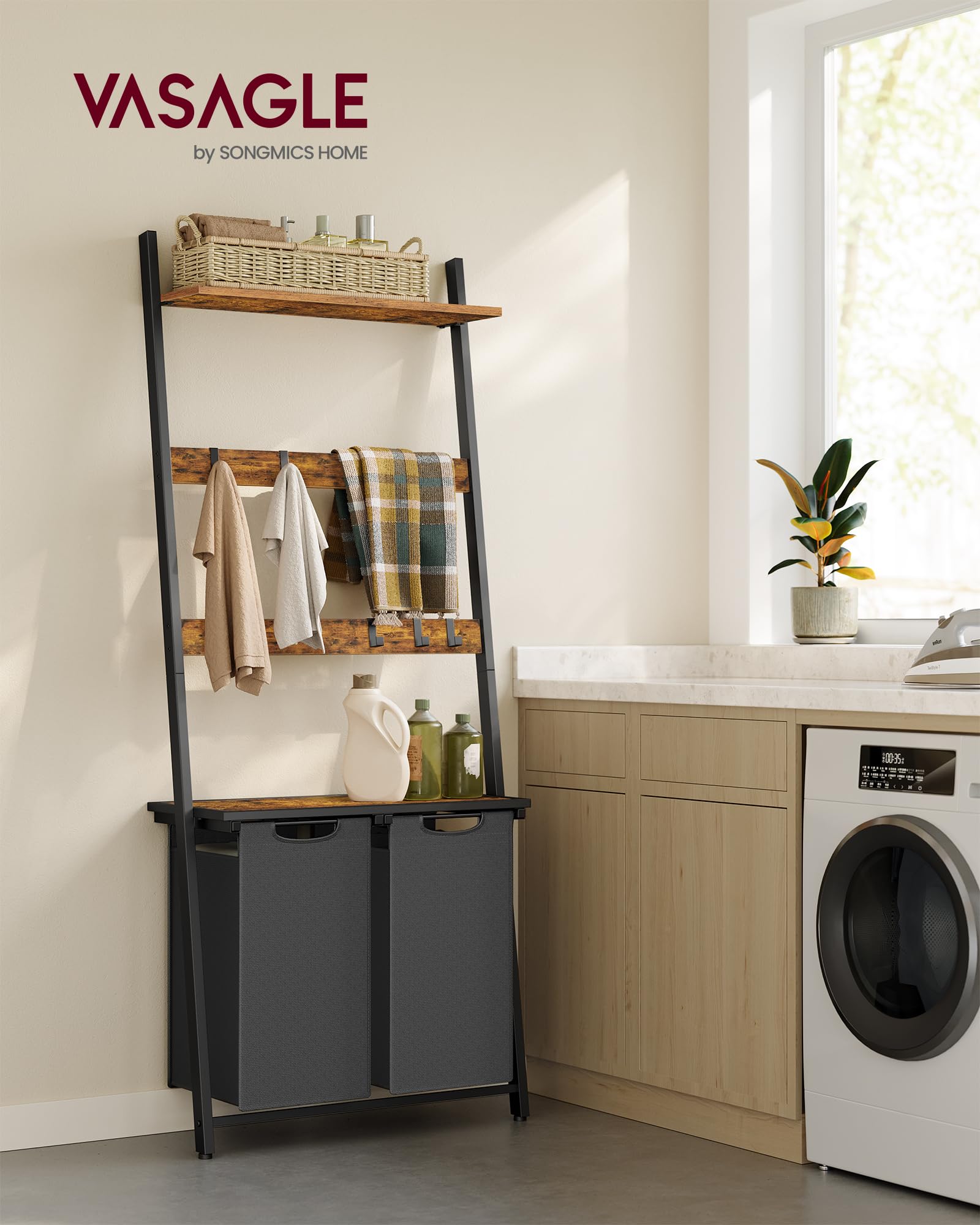 VASAGLE BLH214B01 Wasmand met 4 vakken, wasverzamelaar met 2 planken, uittrekbare en uitneembare waszak, 40 liter per zak, voor badkamer, wasruimte, vintage bruin-zwart