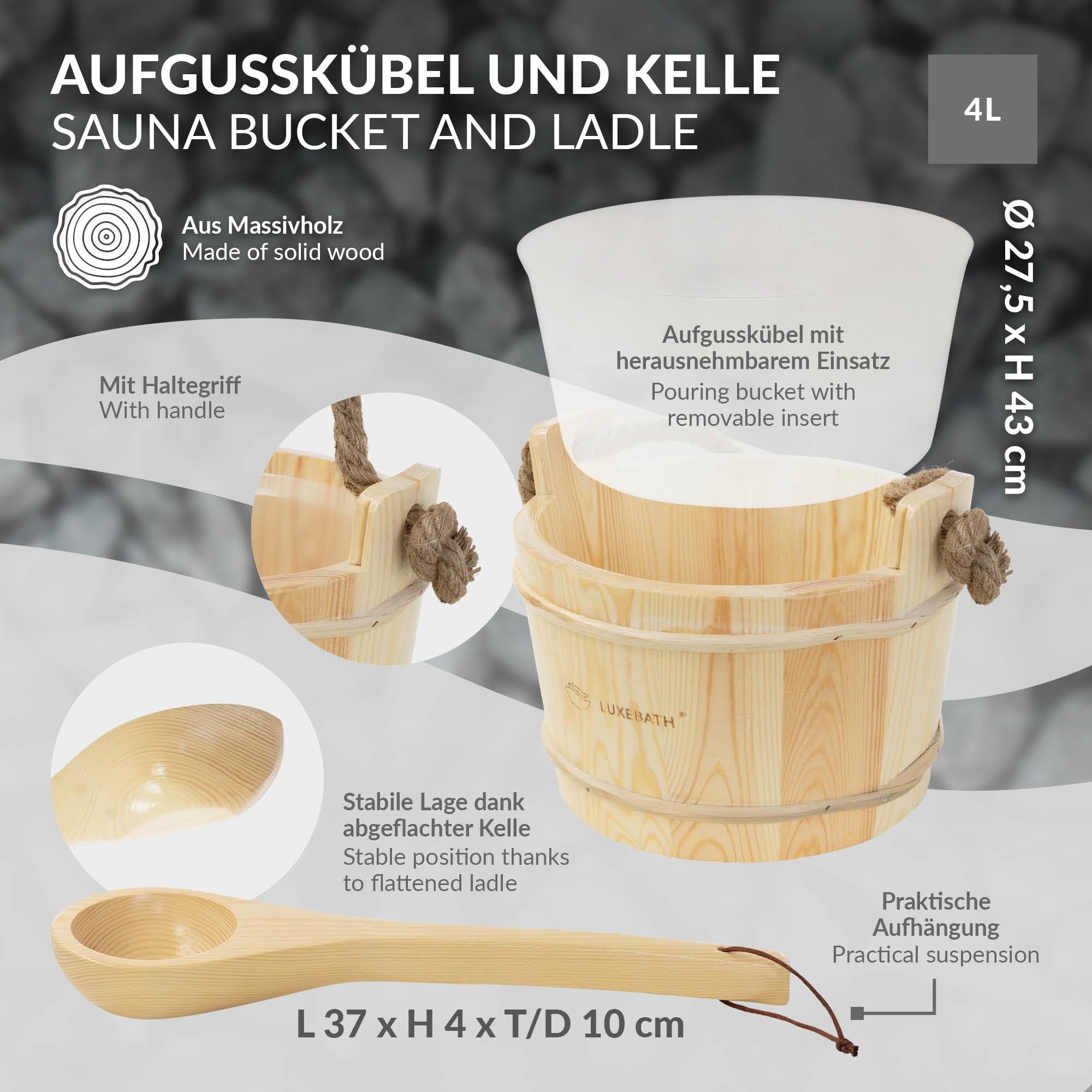 LuxeBath Saunazubehör-Set aus massivem Kiefernholz, Sauna Set 2-tlg, Aufgusskübel mit Kunststoffeinsatz & Schöpfkelle, Saunaeimer 4L mit Seilgriff & Schöpflöffel, Langlebiges Sauna Wassereimer Zubehör