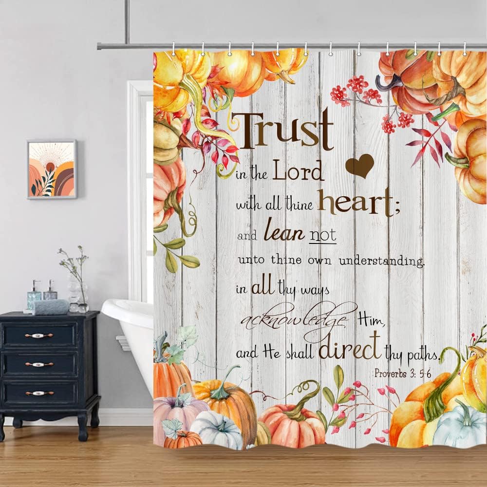 Fall Pumpkin Shower Curtain, Autumn Thanksgiving Harvest Shower Curtains, Motivational Inspirational Quotes Christian Bible Verses Scripture Quotes Polyester Cloth Bathroom Curtains 70X85 inch