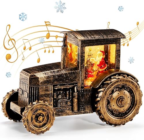 Miniatura 1 de Globo de nieve de tractor musical de Navidad con escena de Papá Noel, decoración navideña LED retro con 8 canciones de Navidad, temporizador de 6