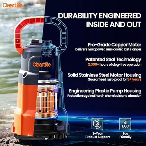 Miniatura 4 de Cleartide Bomba de sumidero sumergible, bomba de agua utilitaria de 14 HP para drenaje de piscinas, jacuzzi, sótano, motor 100% de cobre, bomba de
