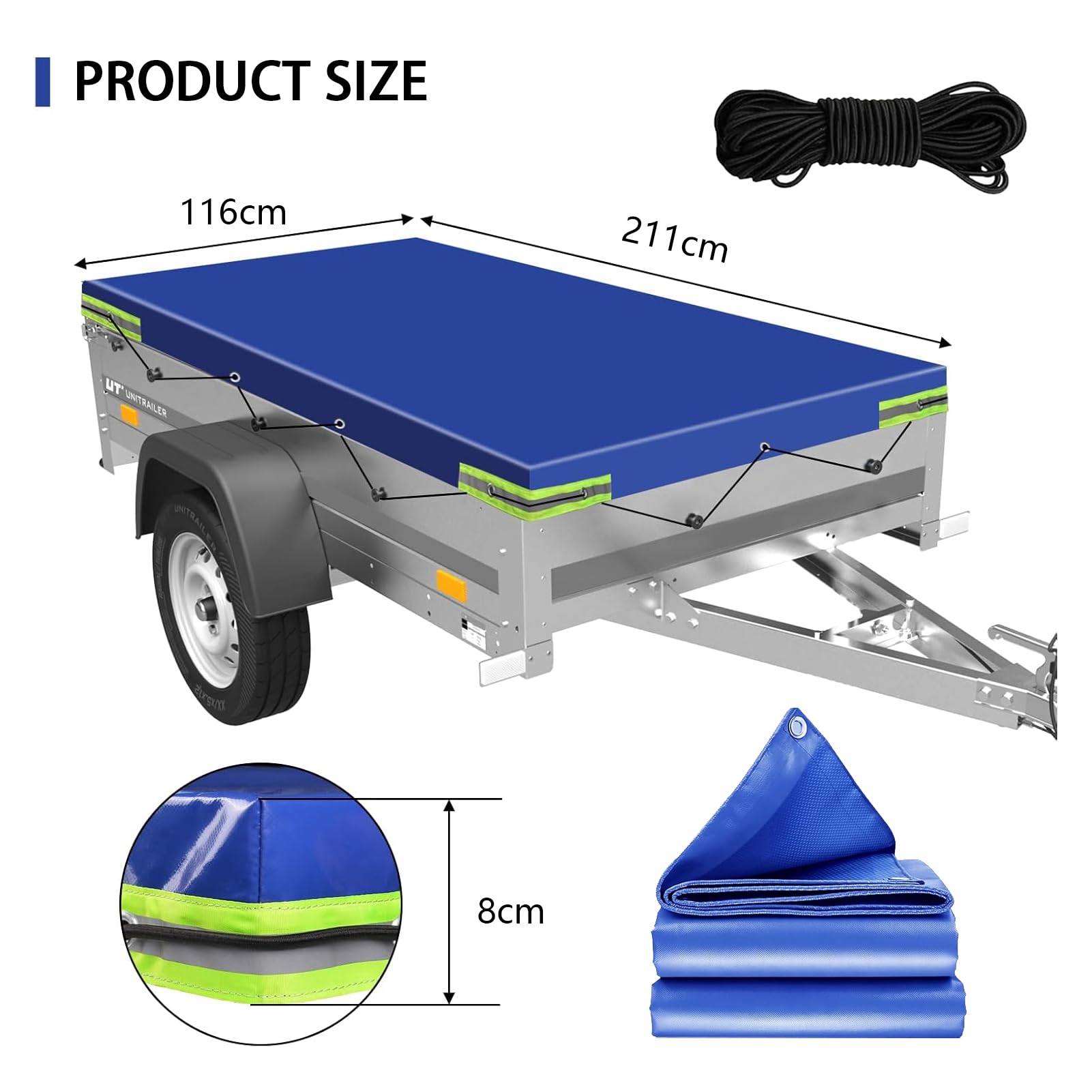 Robuste 420D PVC Plane für Anhänger - Wasserdicht, Dreifach Verstärkte Ecken mit Reflektorstreifen für Pritschenwagen & Caravan (211 X 116 X 8cm,Blue)