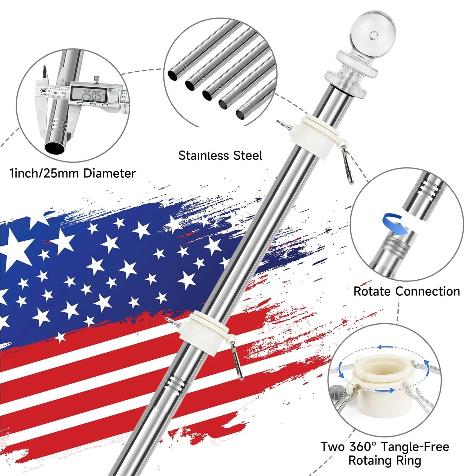 Clips de mât de drapeau réglables de 40 à 180 cm en acier inoxydable avec anneaux rotatifs pour bateau, yacht, camion, jardin, maison