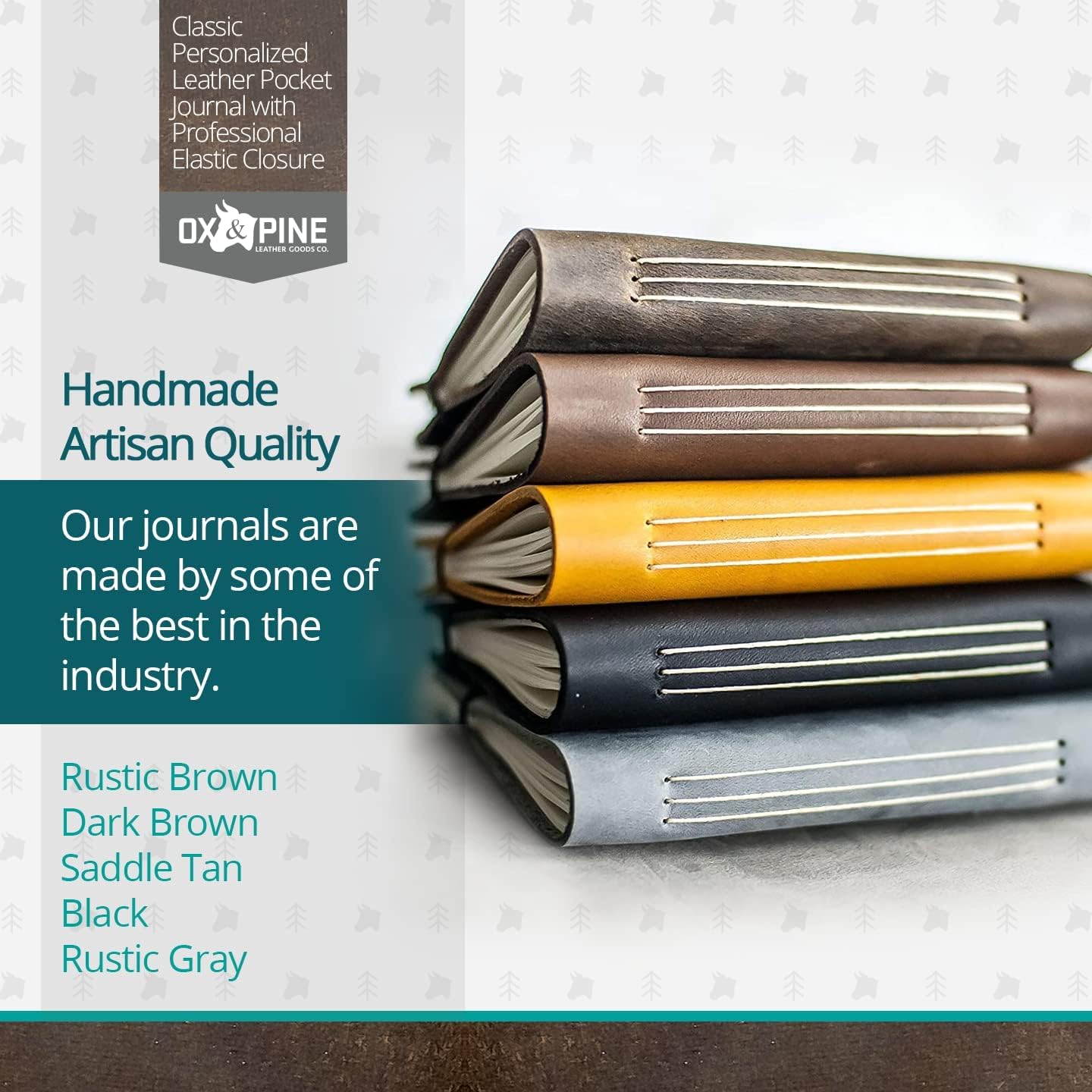 Ox & Pine Classic Personalized Leather Pocket Journal with Professional Elastic Closure - Custom Notebook 5”x 3.5” - Saddle Tan - Unlined Paper