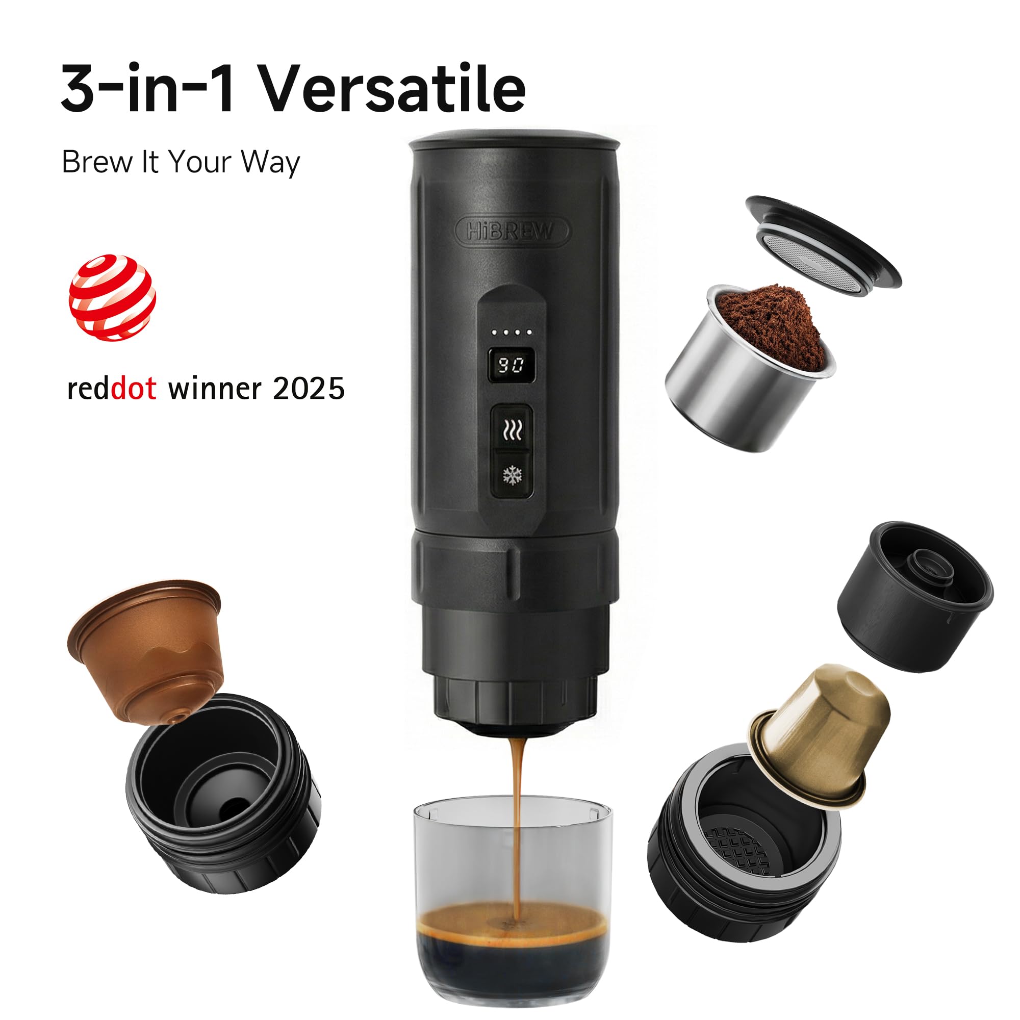 HIBREW H4C Explorer – Tragbare Elektrische Espressomaschine, Aufladbare Kaffeemaschine für Camping und Reisen, Kompakt für Kapseln & Gemahlenen Kaffee, mit Klappbarem Halter und Tragetasche (Schwarz)