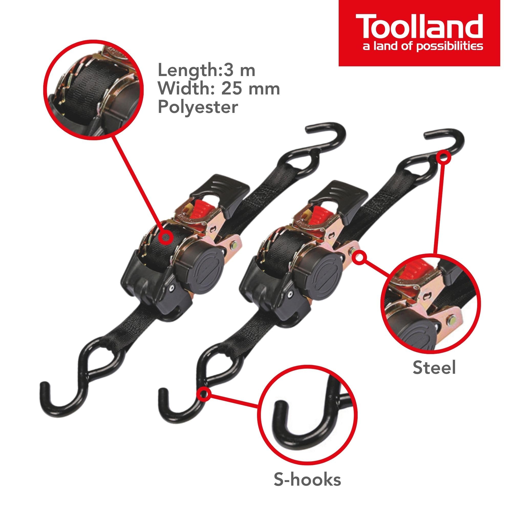 Toolland Set di cinghie di ancoraggio, 2 pezzi, in due pezzi, con cricchetto e ganci a S, autoavvolgenti, per il fissaggio del carico, max. 300 kg, poliestere, arancione, 3 m x 25 mm, 1 pezzo