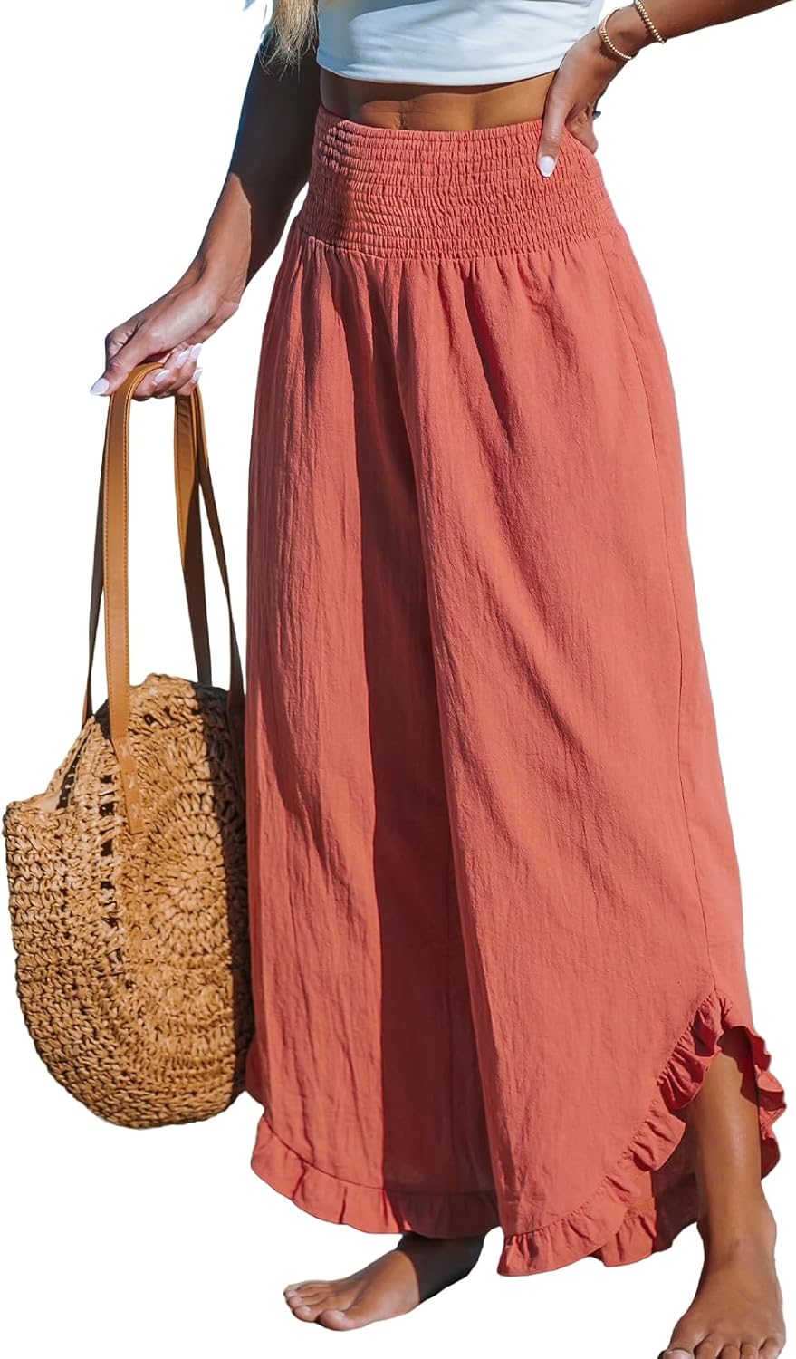 CUPSHE Women Pants Smocked Waist Straight Leg Ruffle Cuffs Loose Fit Pant Casual Beach