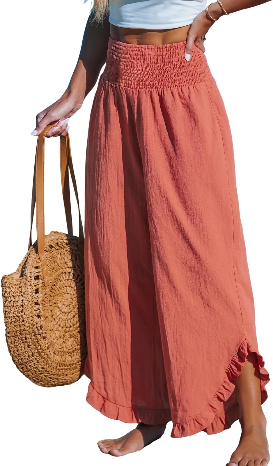 CUPSHEWomen Pants Smocked Waist Straight Leg Ruffle Cuffs Loose Fit Pant Casual Beach