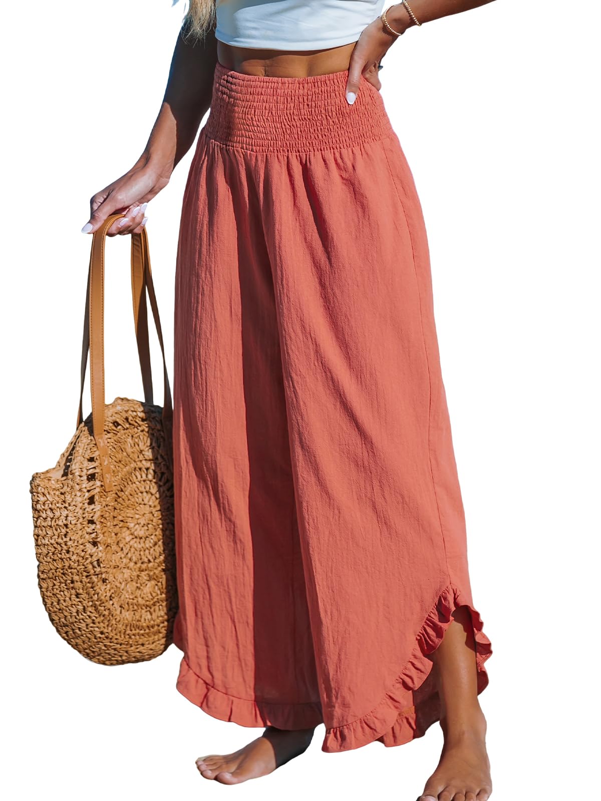 CUPSHEWomen Pants Smocked Waist Straight Leg Ruffle Cuffs Loose Fit Pant Casual Beach