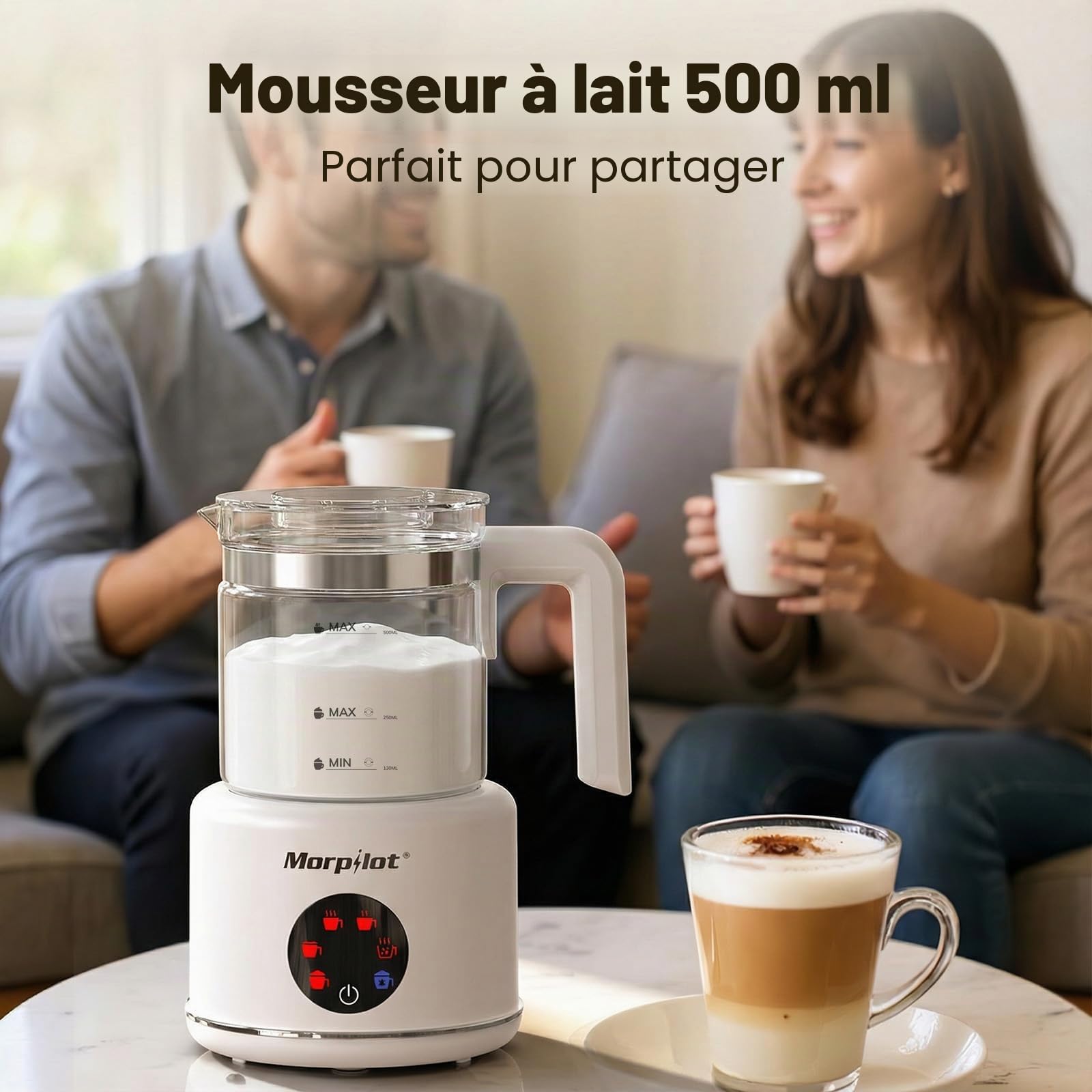 Morpilot Mousseur à Lait Électrique en Verre 6 en 1, Grande Capacité 500ml 600W Milk Frother à Mousse de Lait Chaude et Froide, Chauffe-Lait Emulsionneur de Lait Divisé pour Cappuccino Macchiato Latte