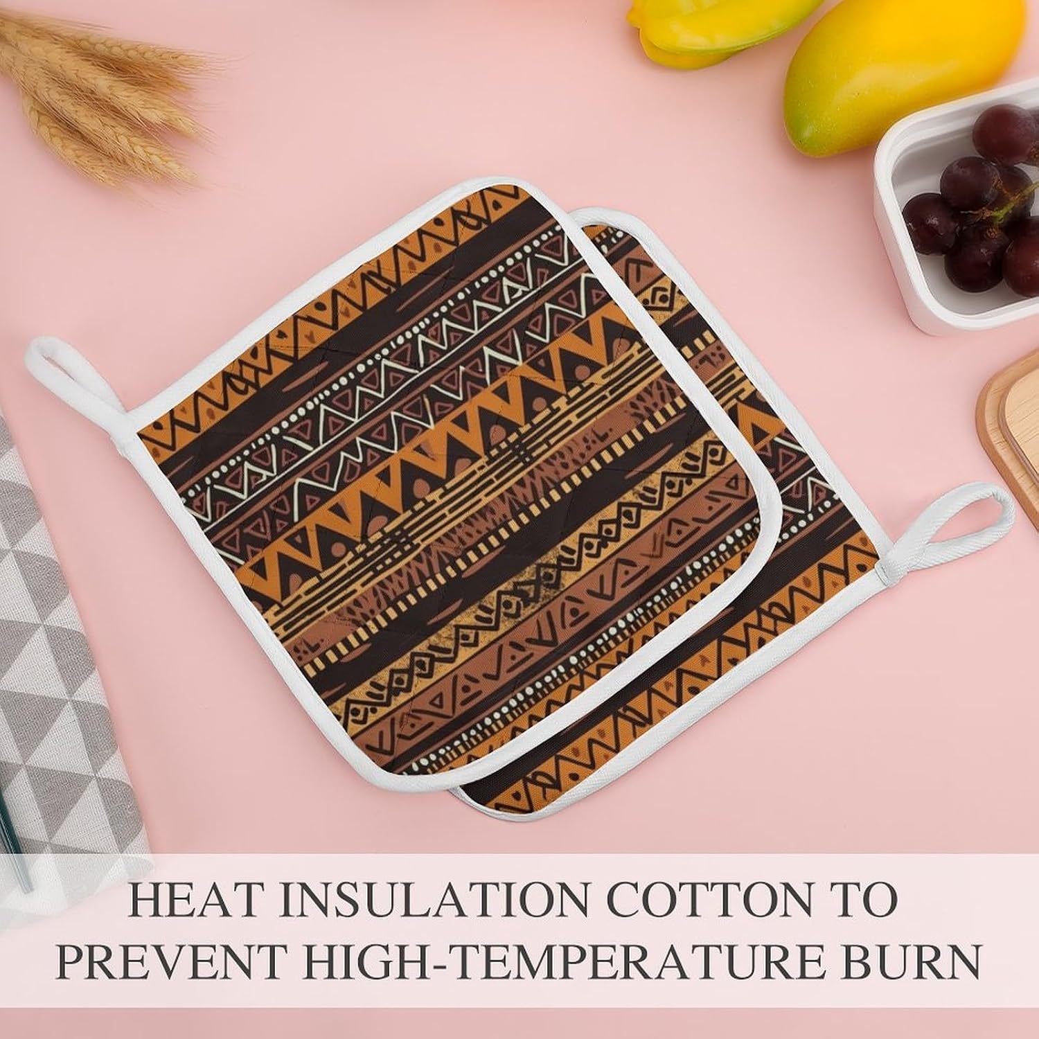 Pot Holder Set of 2 African Mud Cloth Tribal Printed Potholders for Kitchens Heat Resistant & Non Slip Potholders for Kitchen Cooking Baking BBQ