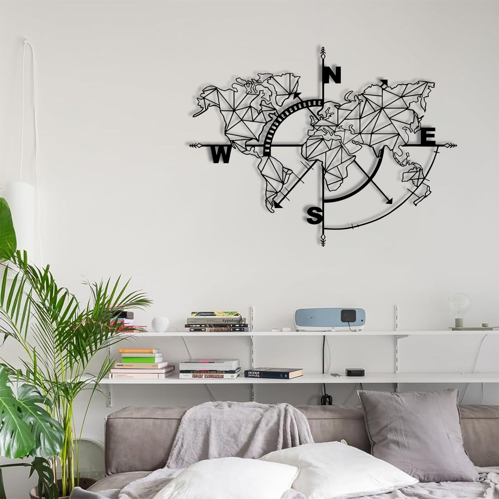 yumcake Metal World Map Wall Art, Map of The World Metal, World Map Compass Continent, Compass Wall Decor, Living Room Wall Decor (Black, 35 x 26