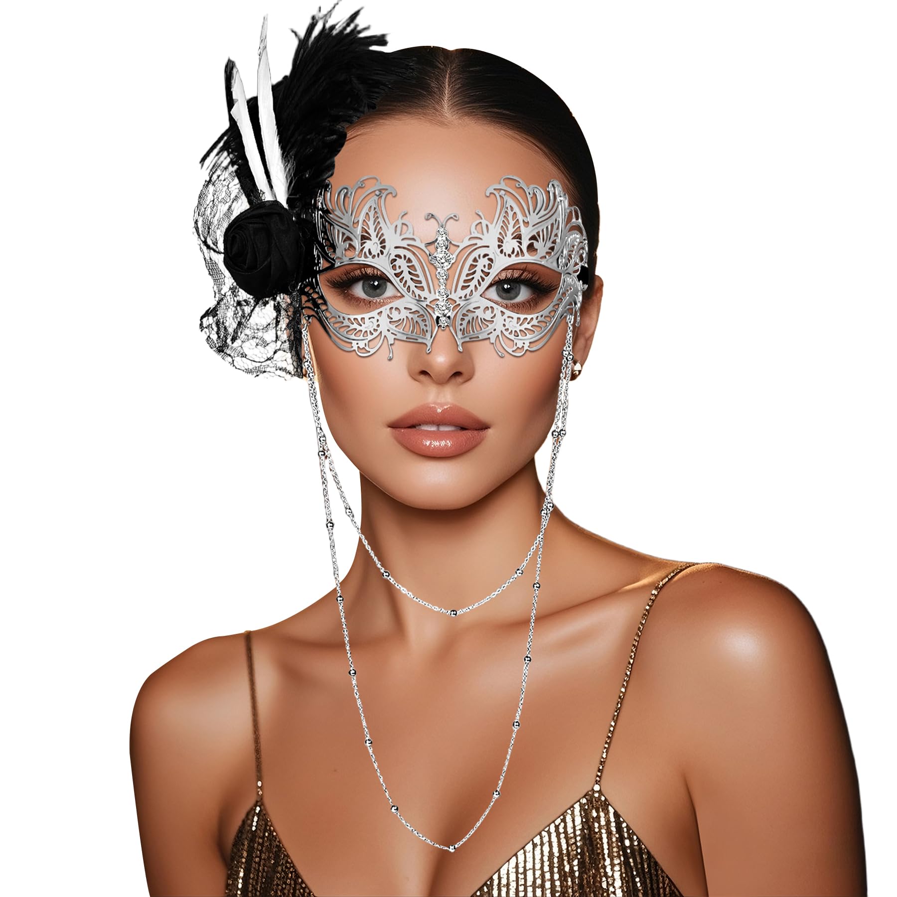 Oidea Feather Masquerade Mask for Women: Flower Venetian Party Mask Mardi Gras Masks Prom Ball Cosplay Costume Facial Decoration with Bead Chain Silver