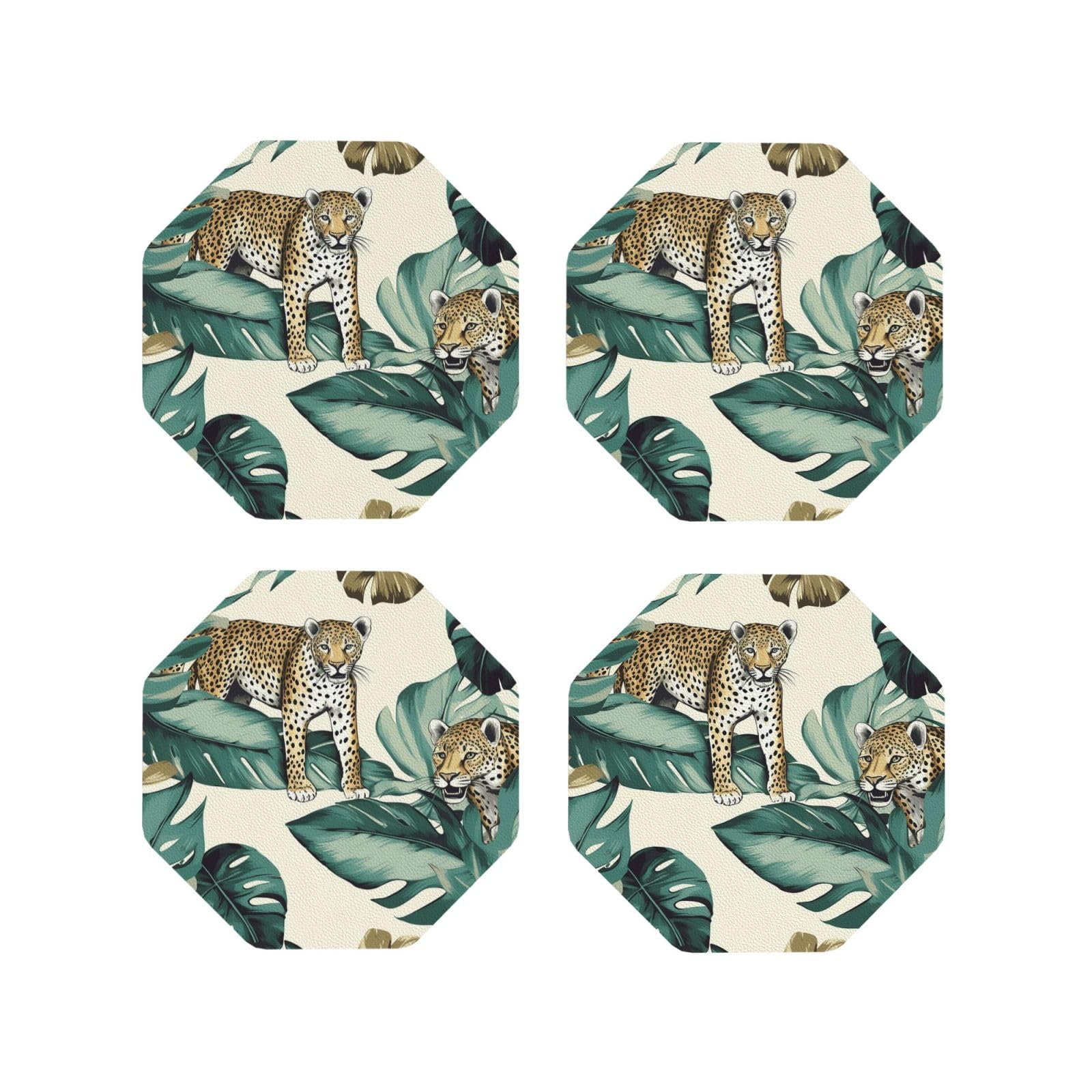 4Pcs PU Leather Coaster for Drinks, Leopard and Palm Leaves Cup Coastersr 4" Cup Mat Pad, Aesthetic Drink Coasters for Coffee Table, Octagon Coaster for Tabletop Protection