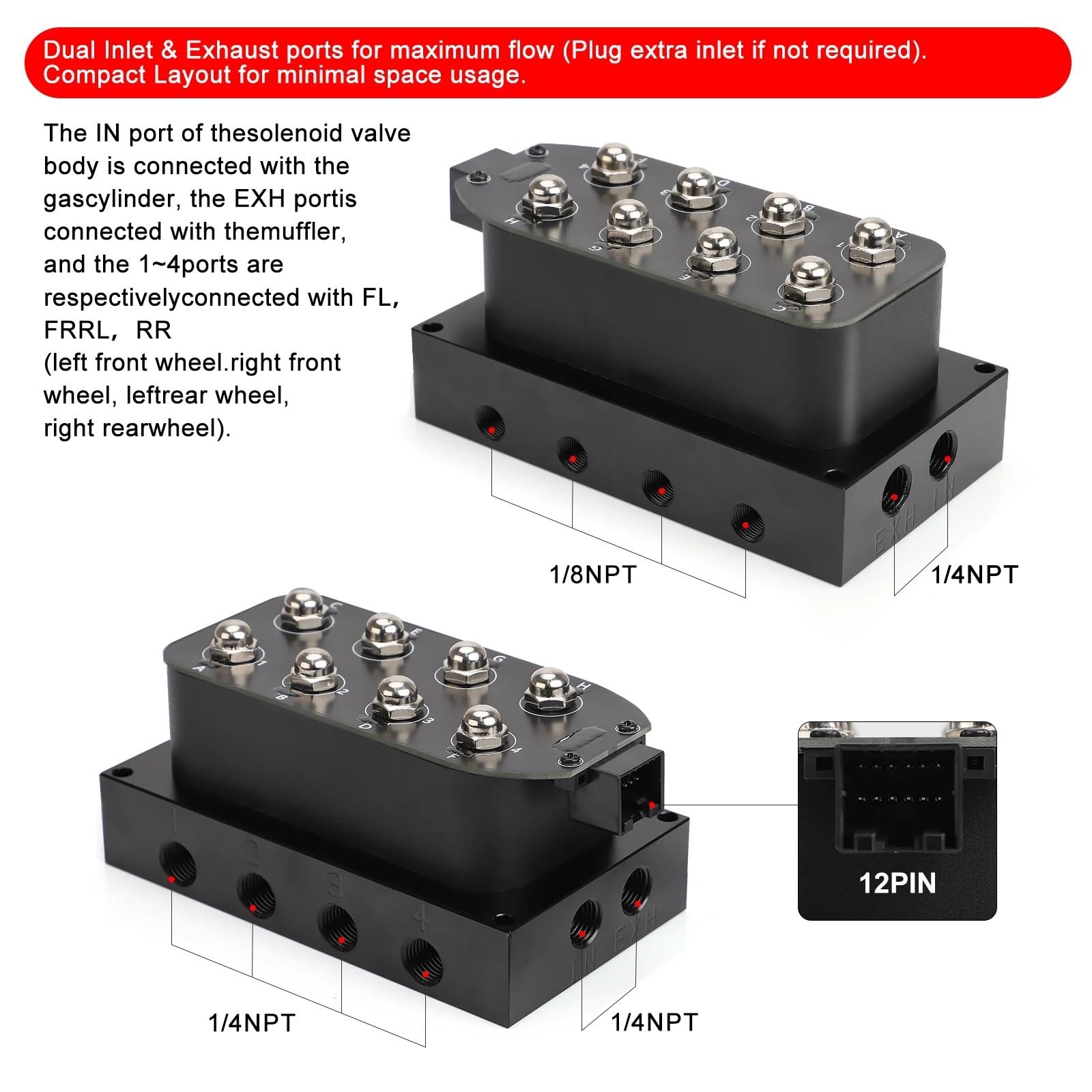 Amortyzator 12V 0-200psi/0-300psi Zawór elektromagnetyczny Zawieszenie pneumatyczne Amortyzator do automatycznego szybkiego sterowania Fbss(0-200pSI 2 control)