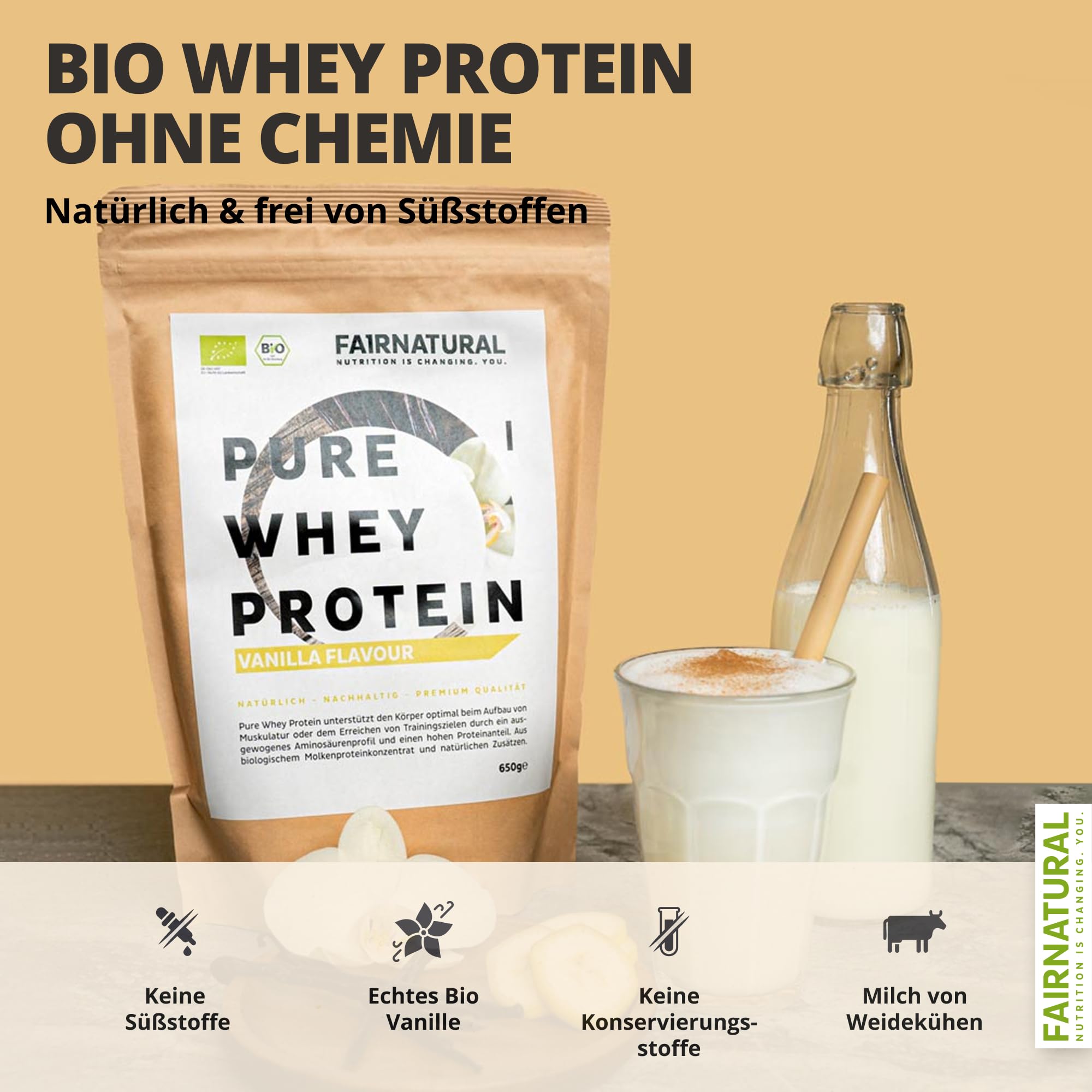 BIO WHEY Protein-Pulver Vanille ohne Chemie [Regional aus Deutschland] - Hochwertige Eiweiß-Shakes » 100% NATÜRLICH « 600g Bio Eiweiß-Pulver aus Premium Molkenprotein-Pulver ohne Soja
