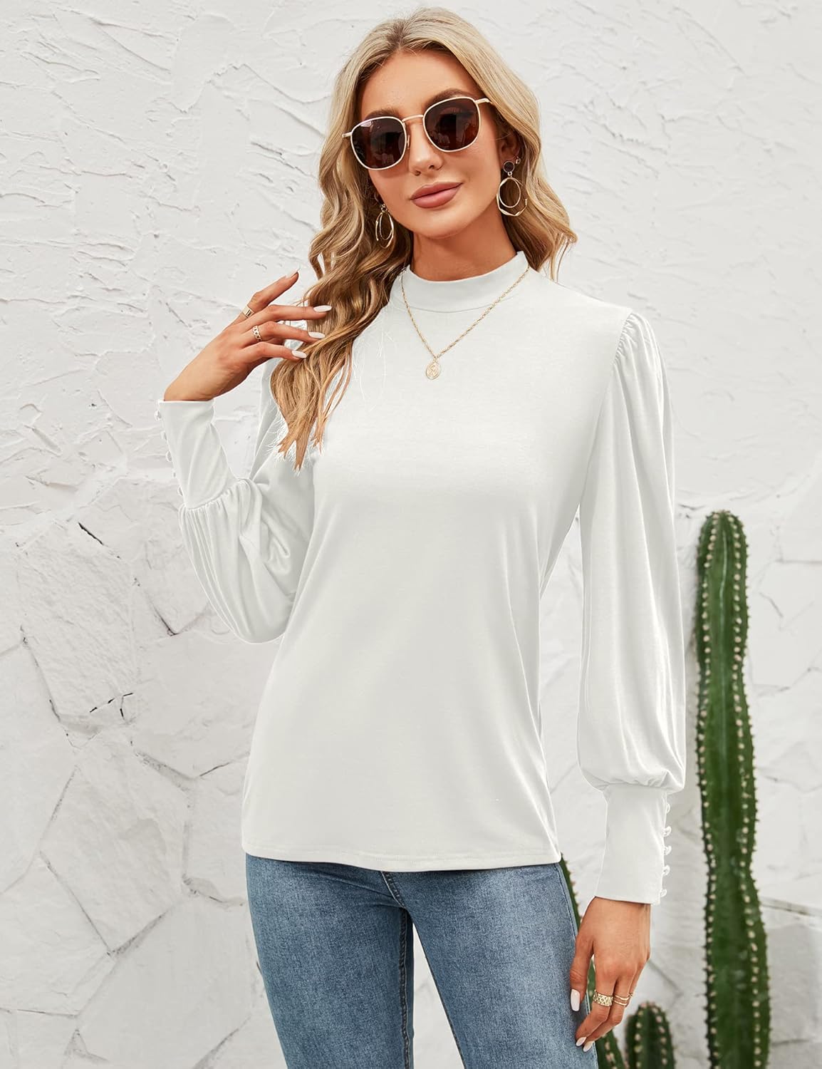 Qirno Womens Mock Neck Puff Long Sleeve Tops Casual Loose Solid Basic T Shirt Button Cuffs Pullovers Shirts Blouse - Image 4