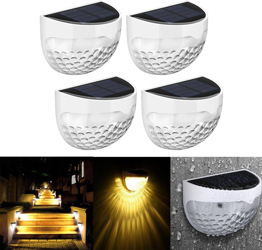Vorally pack of 4 LED solar wall lights (6 LEDs, waterproof outdoor garden light/ornament, for gardens, fences, decoration, garages, stairs, and more), warm white, E14 1.20 voltsV [Energy Class A+++]
