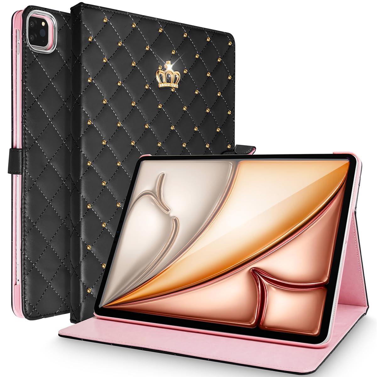 AuroiCCY for iPad Air 13 Inch M3/M2 (2025/2024) Smart Case, Auto Wake/Sleep Shockproof PU Leather Shell Flip Magnetic Cute Crown Bling Diamond