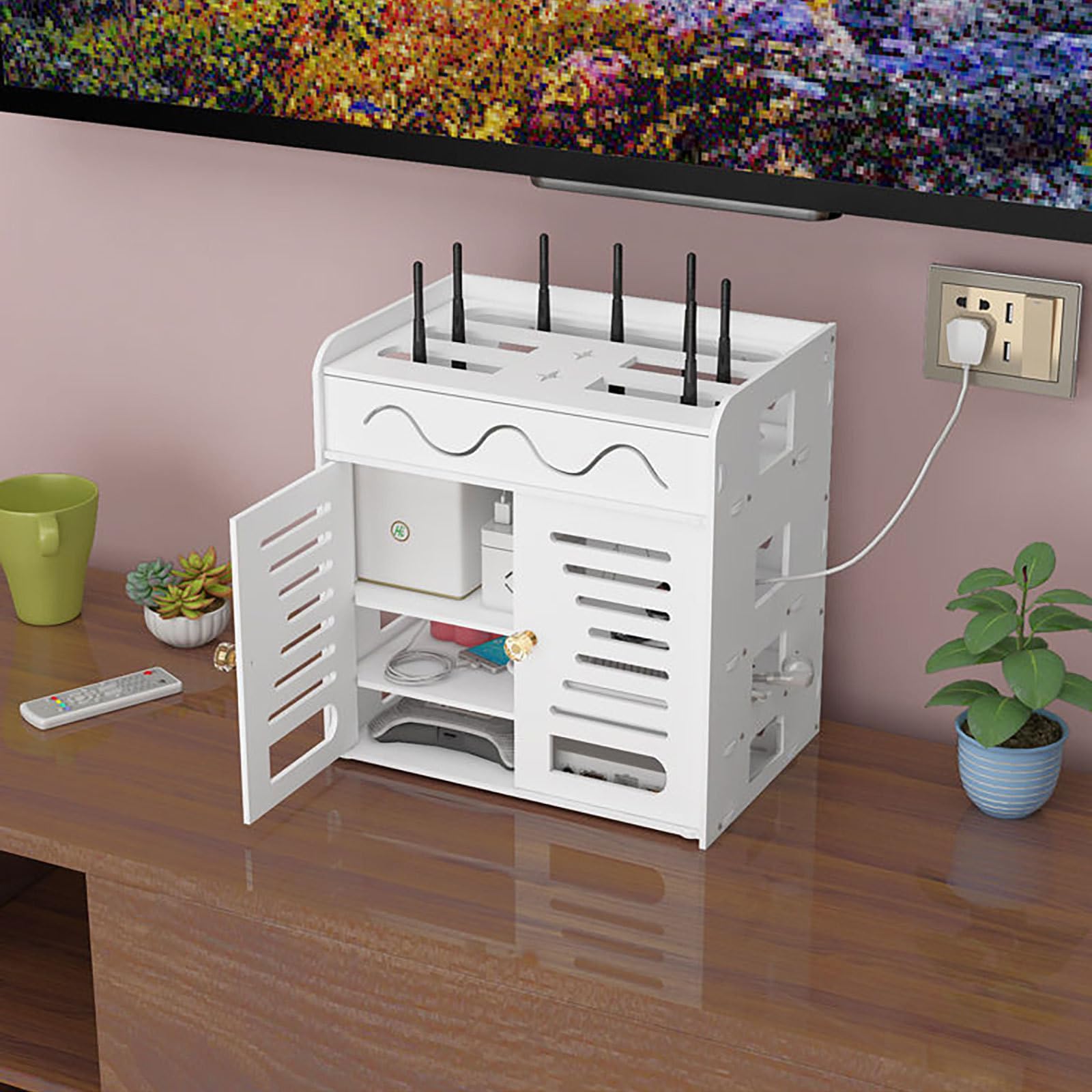 Scatola di Immagazzinaggio in Pvc Bianco per Router a 4 Strati Doppia Porta Organizzatore Cavi Pratico e Compatto per Casa e Ufficio