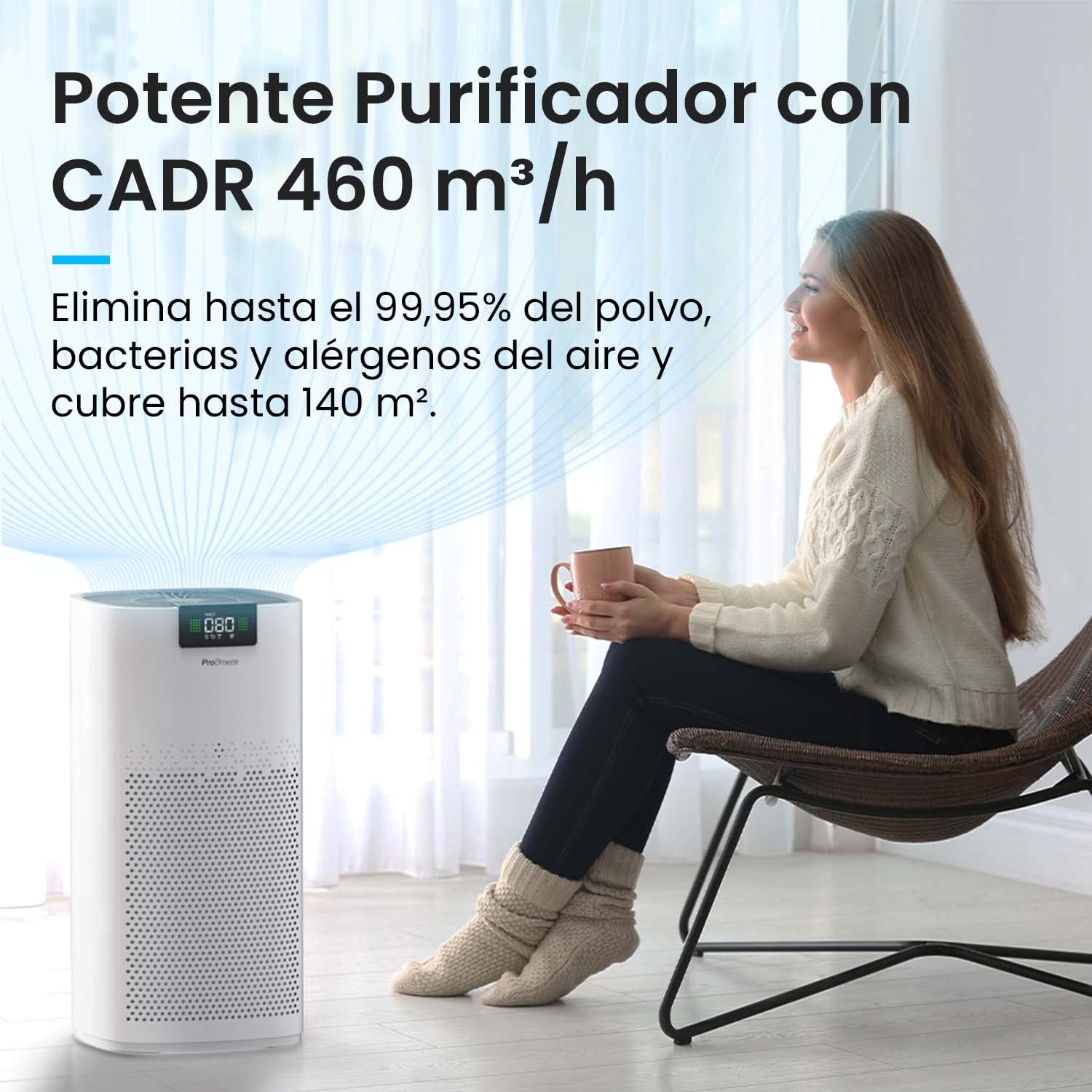 Pro Breeze Purificador de Aire Ultrapotente con Filtro HEPA 13. Con Ionizador y Luz Ultravioleta UV que captura Partículas, Alérgenos y Elimina olores. Para Casa y Habitaciones CADR 460 m³