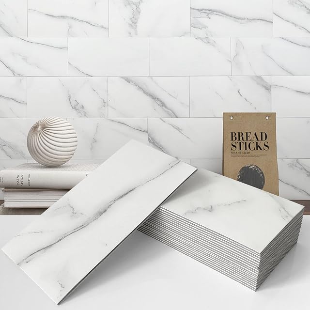 VAOVI Tile Stickers Kitchen Self Adhesive Wall Tiles,Large Stick on Bathroom Tiles 3D Peel and Stick Subway Marble Waterproof(20Tiles,White)