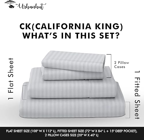 Miniatura 2 de URBANHUT Juego de sábanas tamaño California King (4 unidades), sábanas de damasco 100% algodón, sábanas refrescantes de 400 hilos para cama de