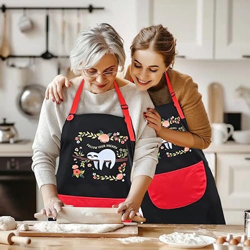 Miniatura 6 de Delantal para mujer con bolsillos para limpiar las manos, lindo perezoso y gato, delantal vintage, cuello ajustable para cocinar, vestido de