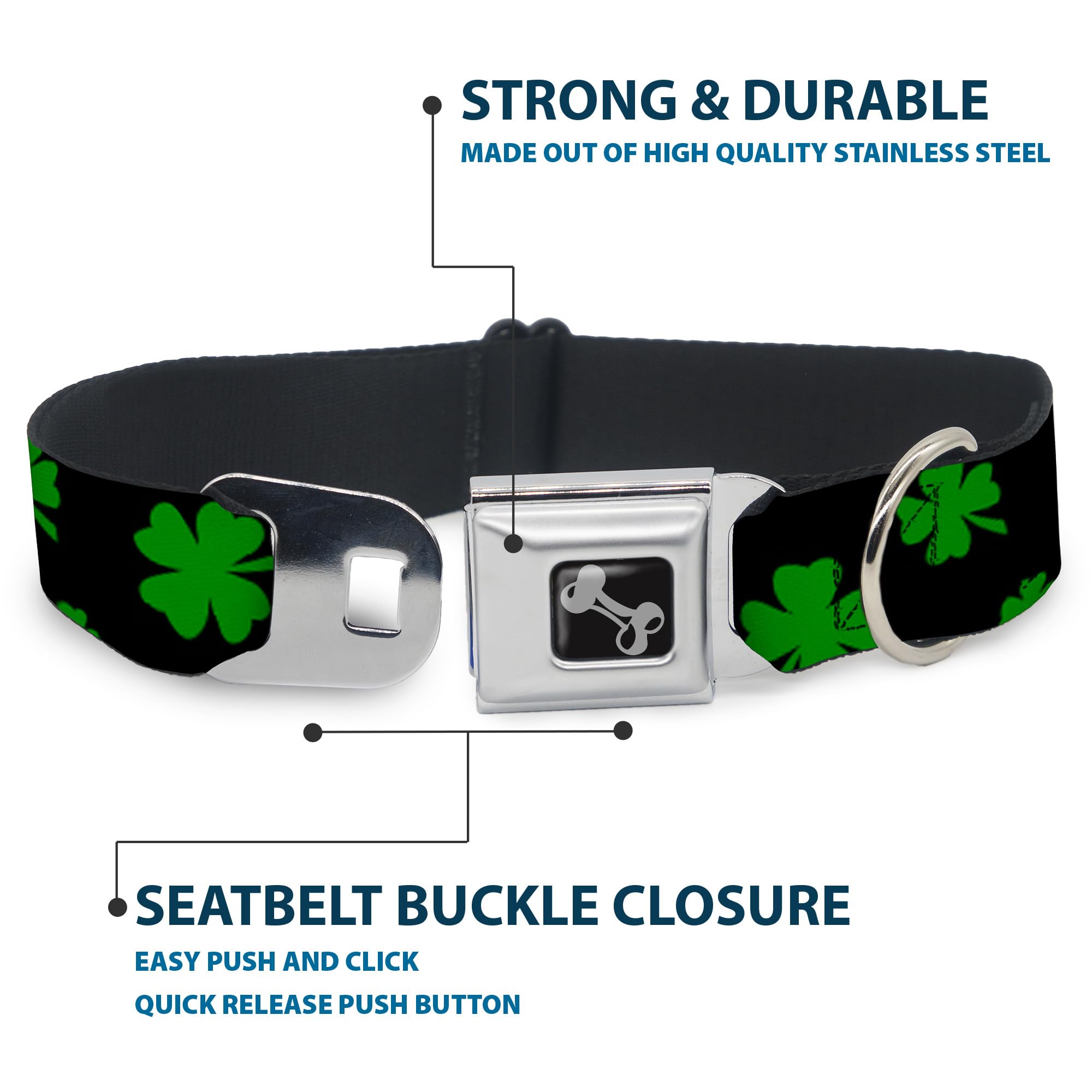 Buckle-Down Klamra do pasa bezpieczeństwa obroża dla psa - koniczyny św. Pata rozproszone 2 czarny/zielony - 3,8 cm szerokości - pasuje do szyi 33-45 cm - rozmiar S