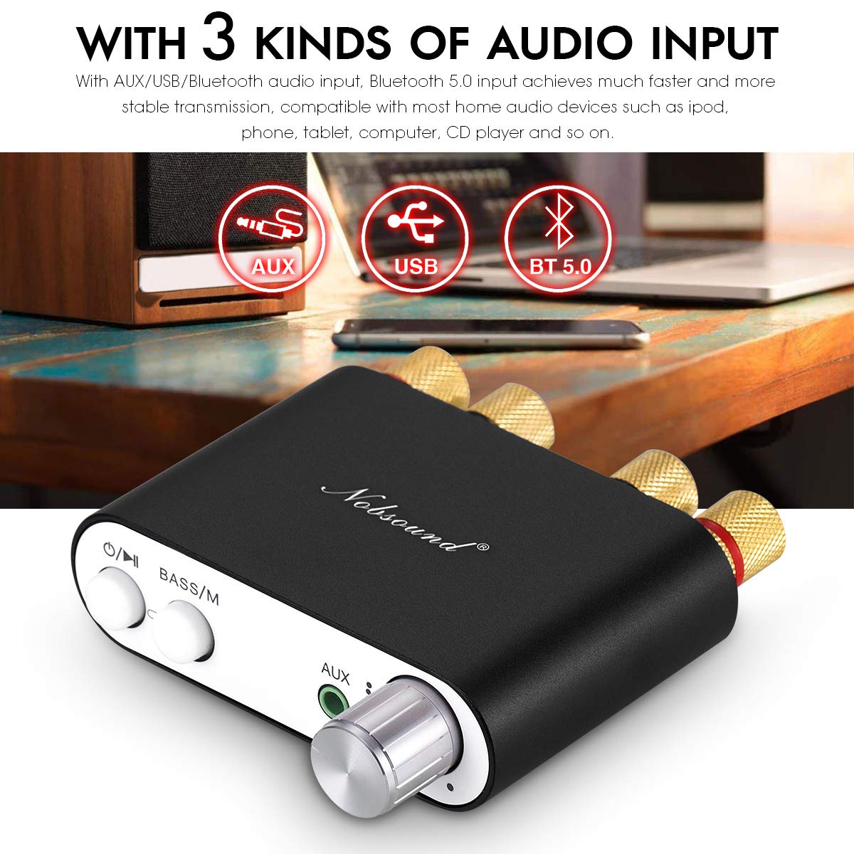 Mini amplificateur numérique Nobsound NS-10G - Bluetooth 5.0 - 100 W - Avec bloc d'alimentation - Noir