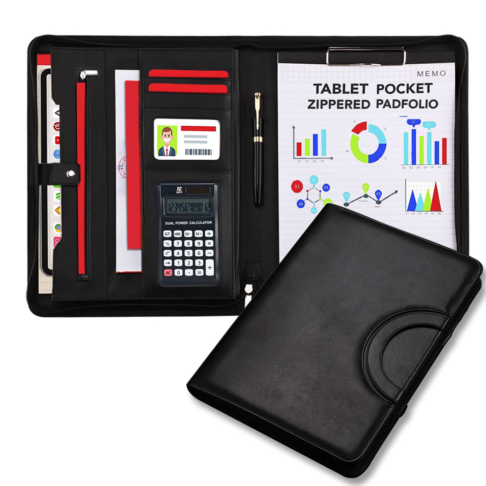 Leather Portfolio Binder, Zippered Padfolio, Waterproof Business Briefcase with Calculator & Magnetic Handle A4 Folio Folder Organizer for Women/Men Office Gifts(Color:Black)