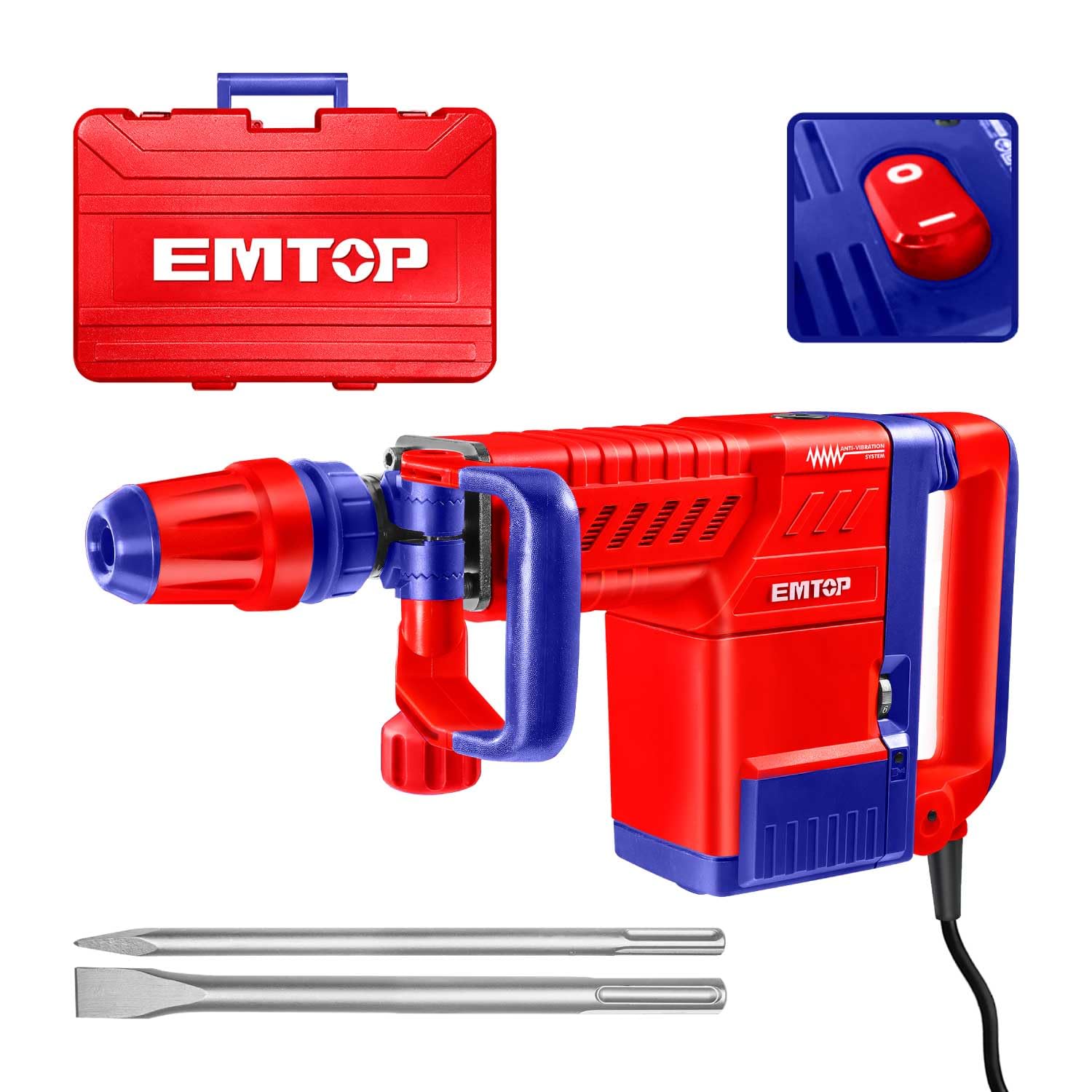 EMTOP Martelete Demolidor 1500W, 25 Joules, SDS Max, 1900BPM, com 2 Formões e Maleta, 220V