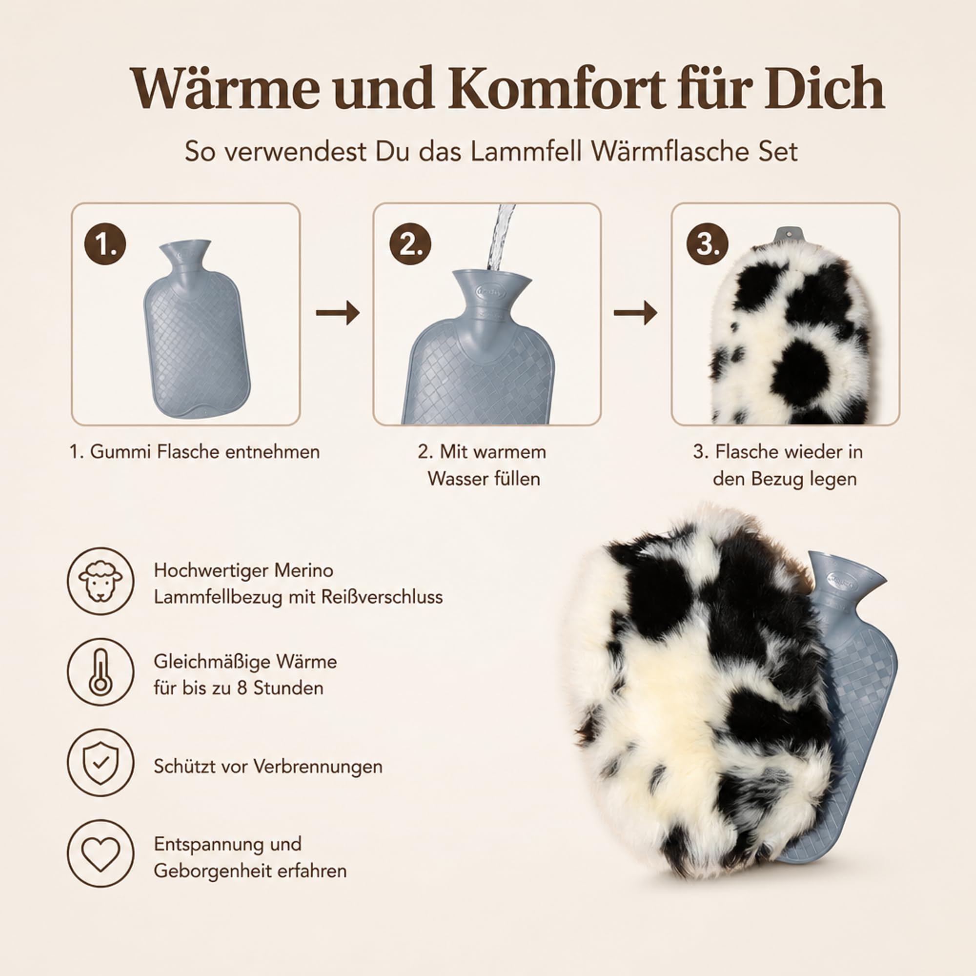 Fashy Merino Lammfell Wärmflasche 2,0 L – Kuschelige Wärme – Echtes Schaffell-Bezug