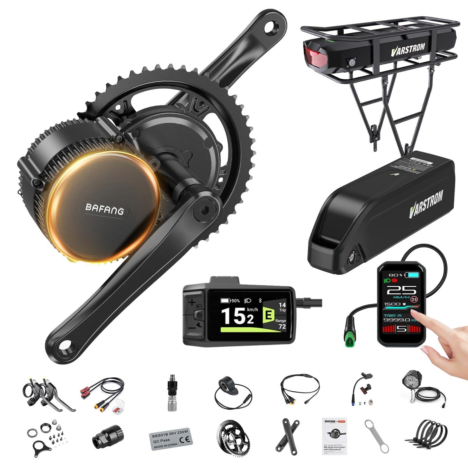 BAFANG Kit Conversione Bicicleta Electrica Mid Drive BBS01B BBS02B BBS-HD con Display & Batteria Opzionali, per BB 68-73/100 /120MM, Kit Electrico Bicicleta 250W