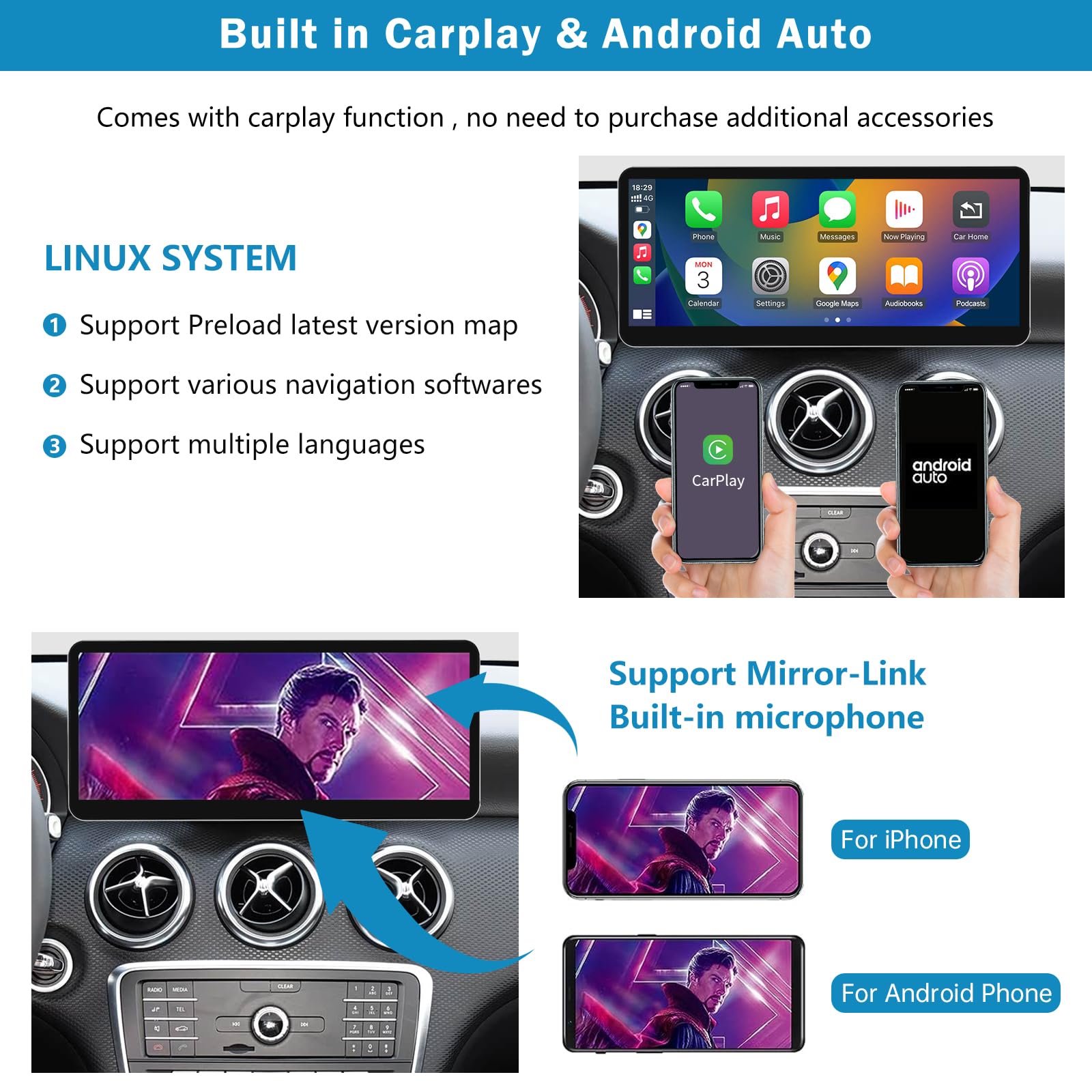 Autoradio 12,3 Pouces, CarPlay/Android Auto/Mirrorlink/GPS pour Mercedes Benz Classe A GLA CLA W176 C117 X117 X156 (2016-2018) avec NTG 5.0/5.1/5.2, Navigation, DSP intégré