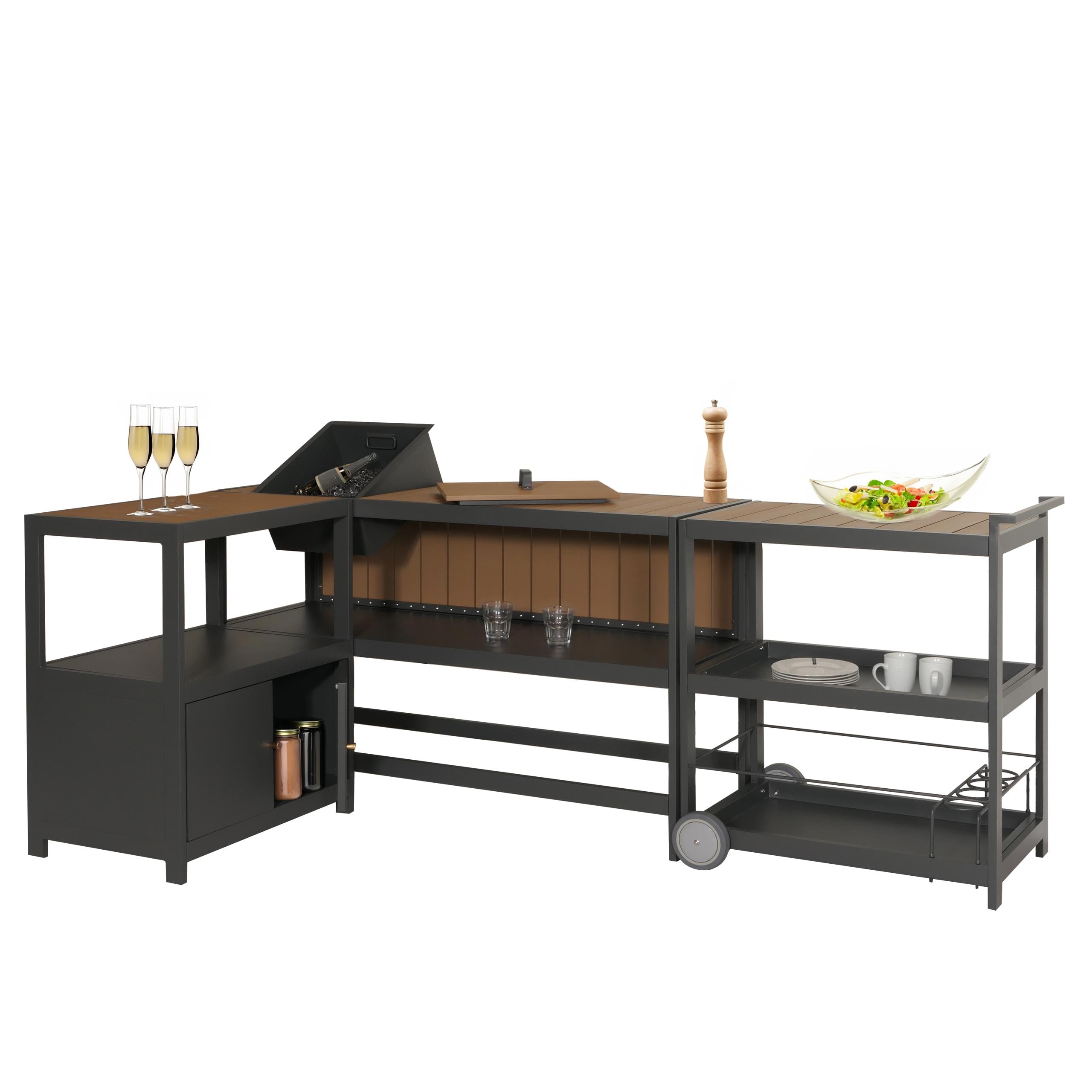 Aluminium Outdoor-Küche 3-pièces HWC-M64, cuisine extérieure jardin chariot de service seau à glace armoire - anthracite, aspect bois clair