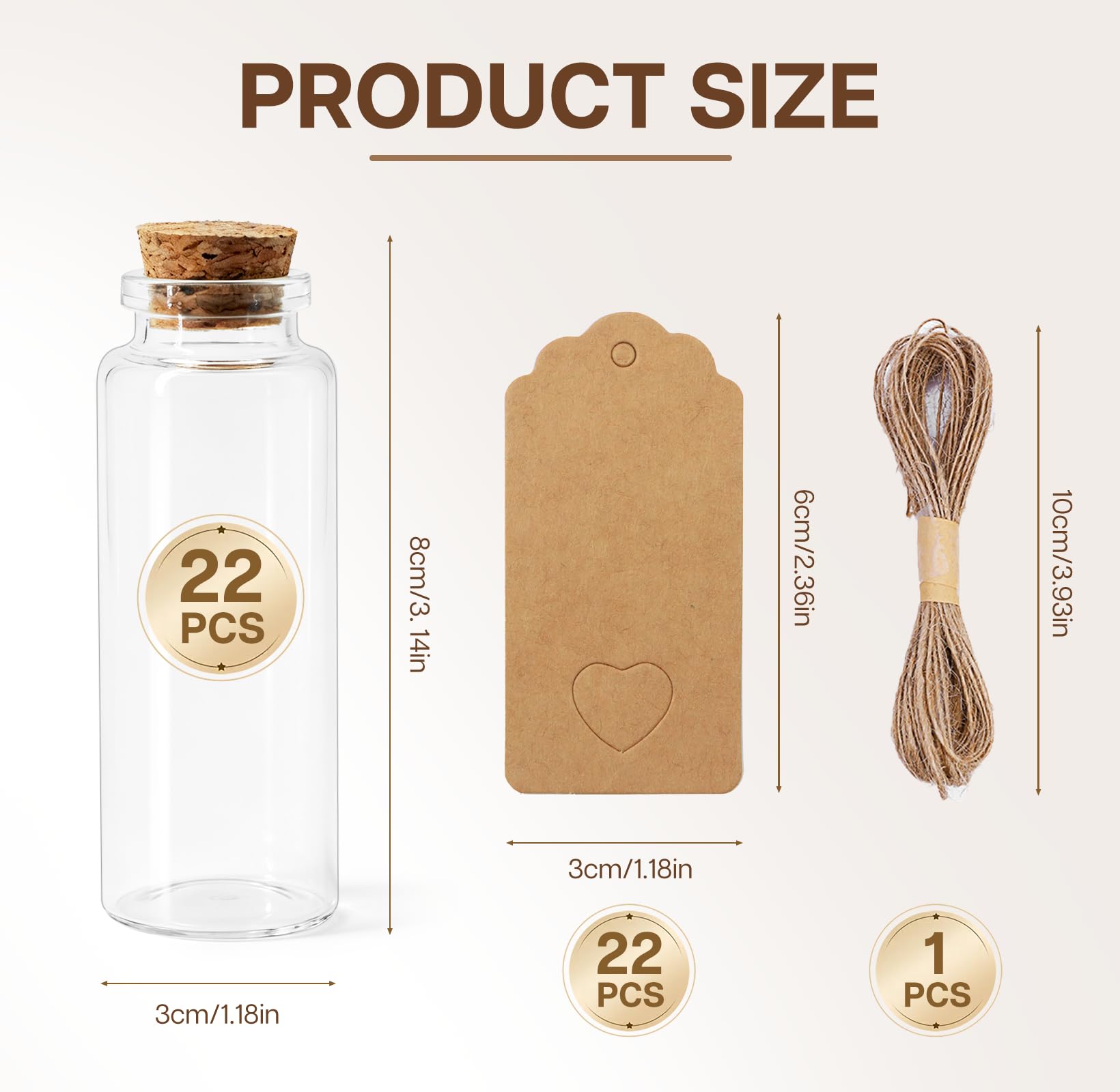 Zestaw 22 mini butelek szklanych z korkiem, 40 ml, butelki na życzenie, z 22 etykietami z papieru typu kraft i sznurkiem jutowym o długości 10 m, małe szklane butelki do napełniania, do