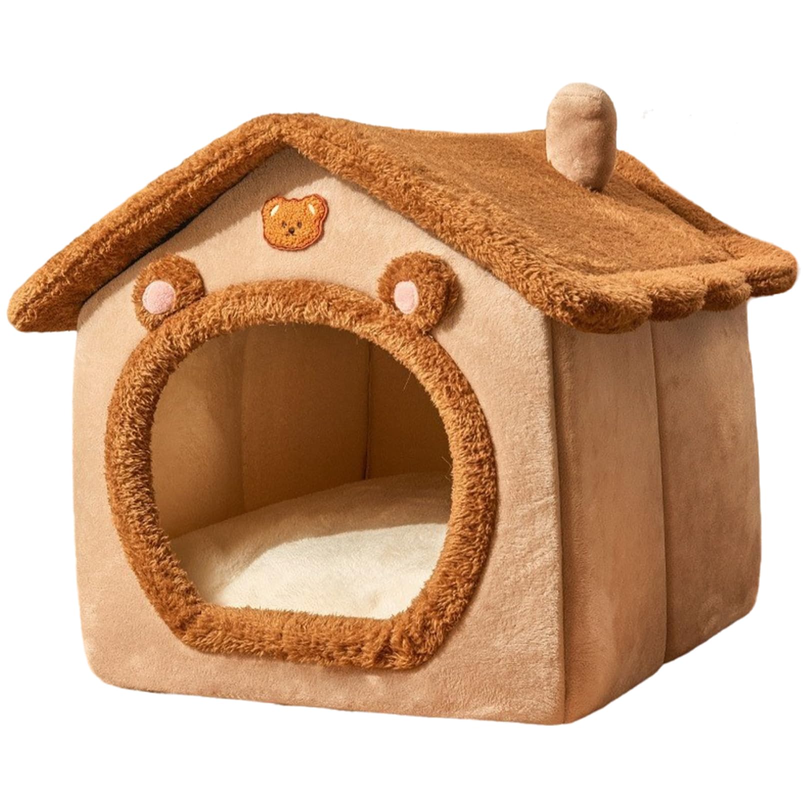 Ssguopte Covered Cat Bed Soft Warm Semi-Enclosed Cat Tent Bed Removable Cute Bear Pet House for Indoor 11.8x15.8x15 inch
