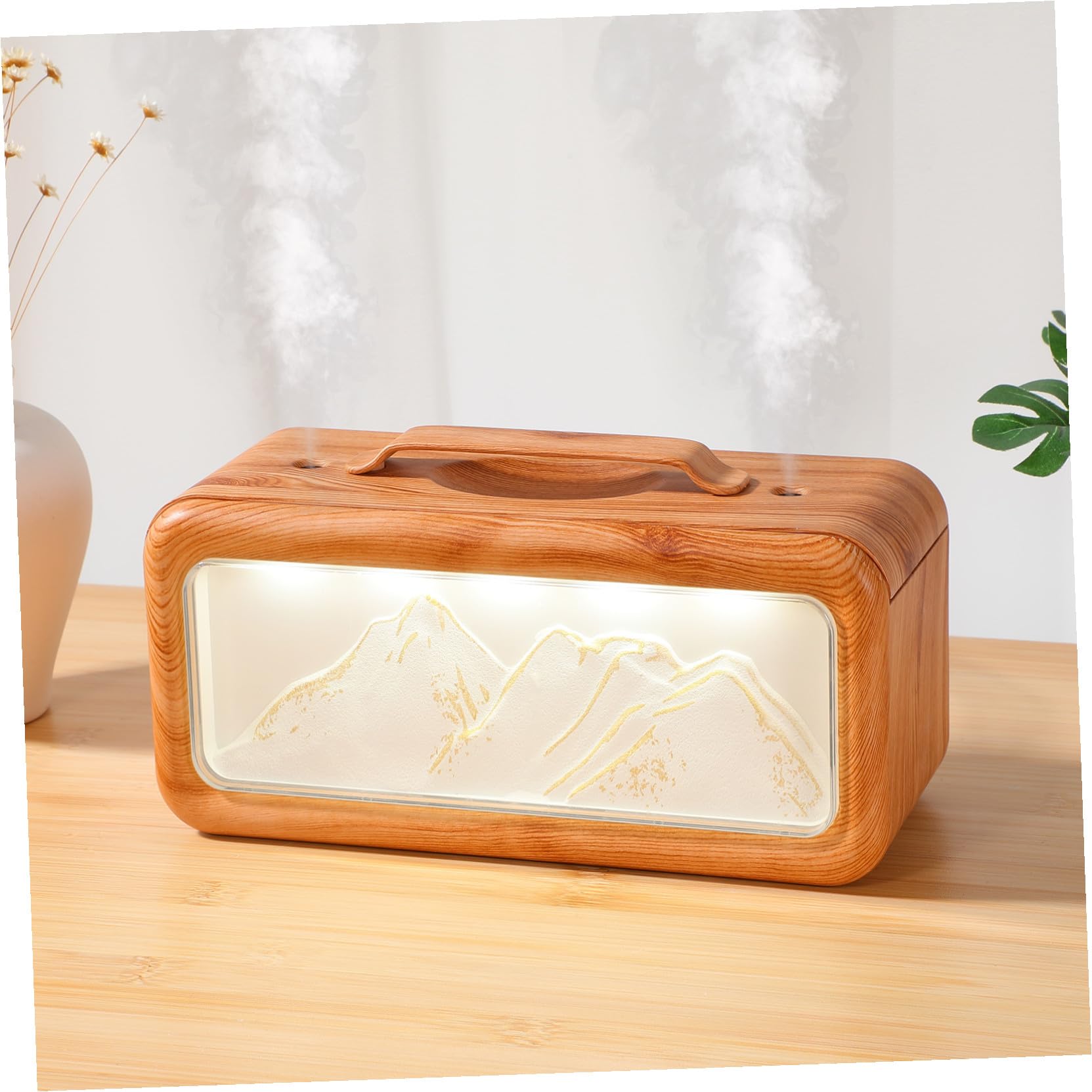Umidificatore da Scrivania per Interni Doppia Nebulizzazione Effetto Legno Mountain Adatto Camera da Letto Ufficio Auto e Piante