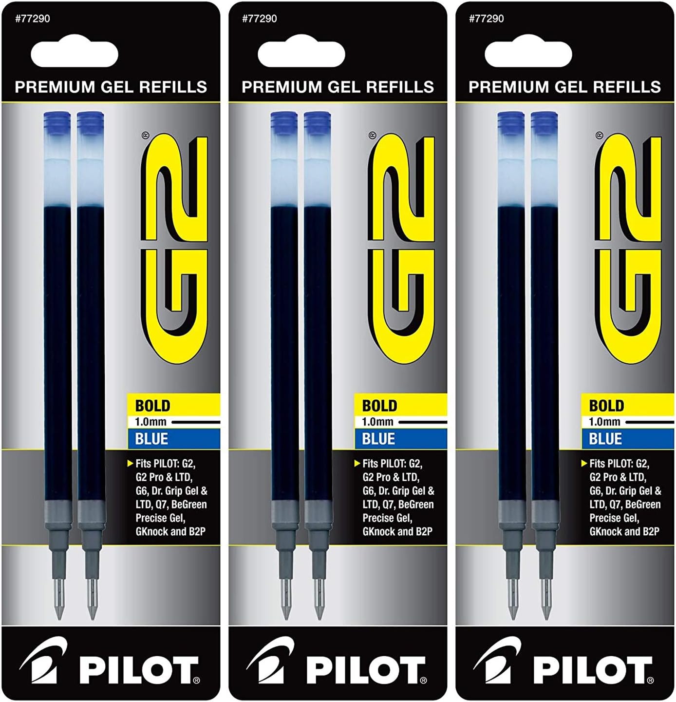 Pilot G2 Gel Ink Pen Refills, Bold Point, 1.0mm, Blue Ink, 6 Refills