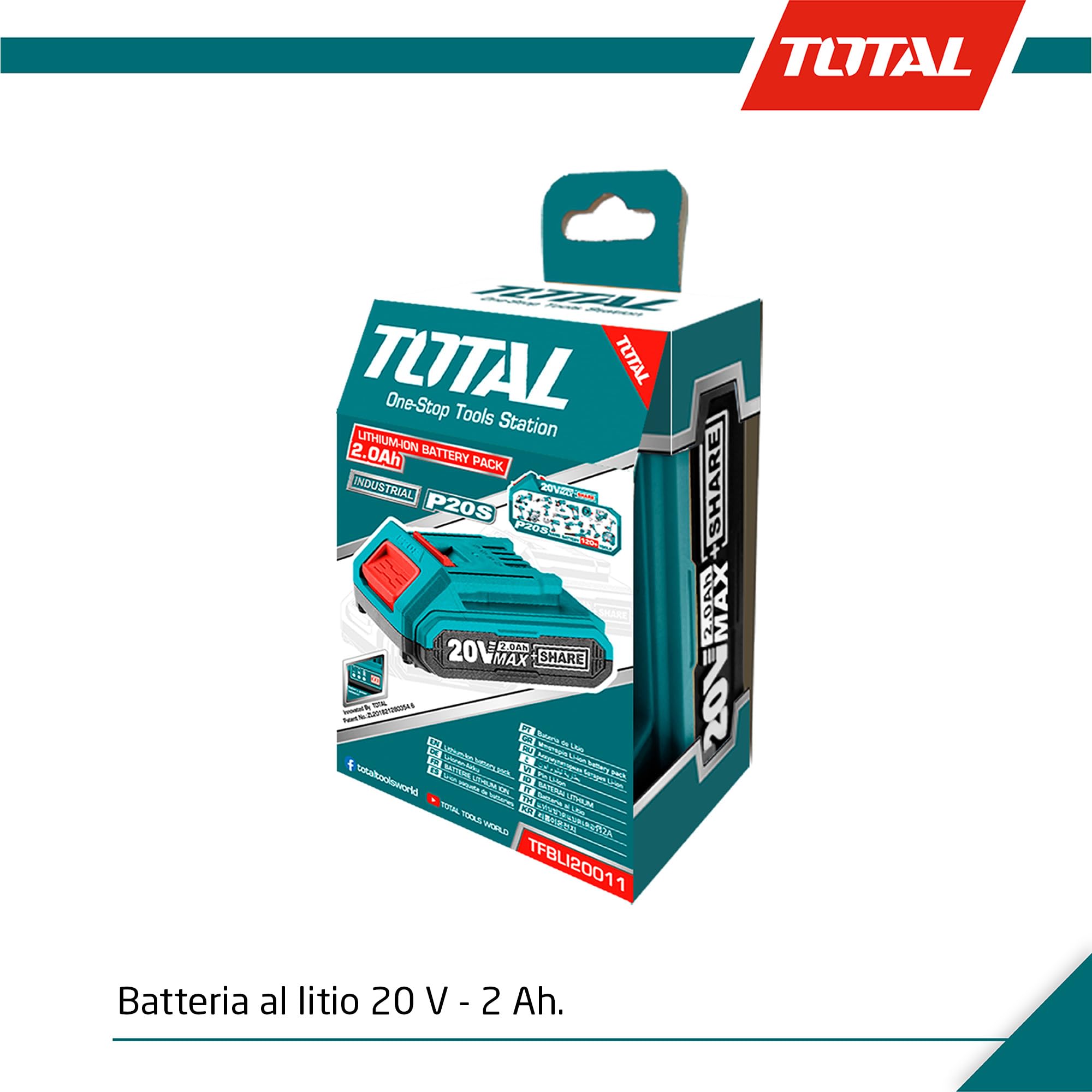 TOTAL - Batteria 2Ah 20V Compatibile con Corda Tapparelle 20mm, Uso Domestico, Leggera, per Cestino 12L, Cinghia Beige