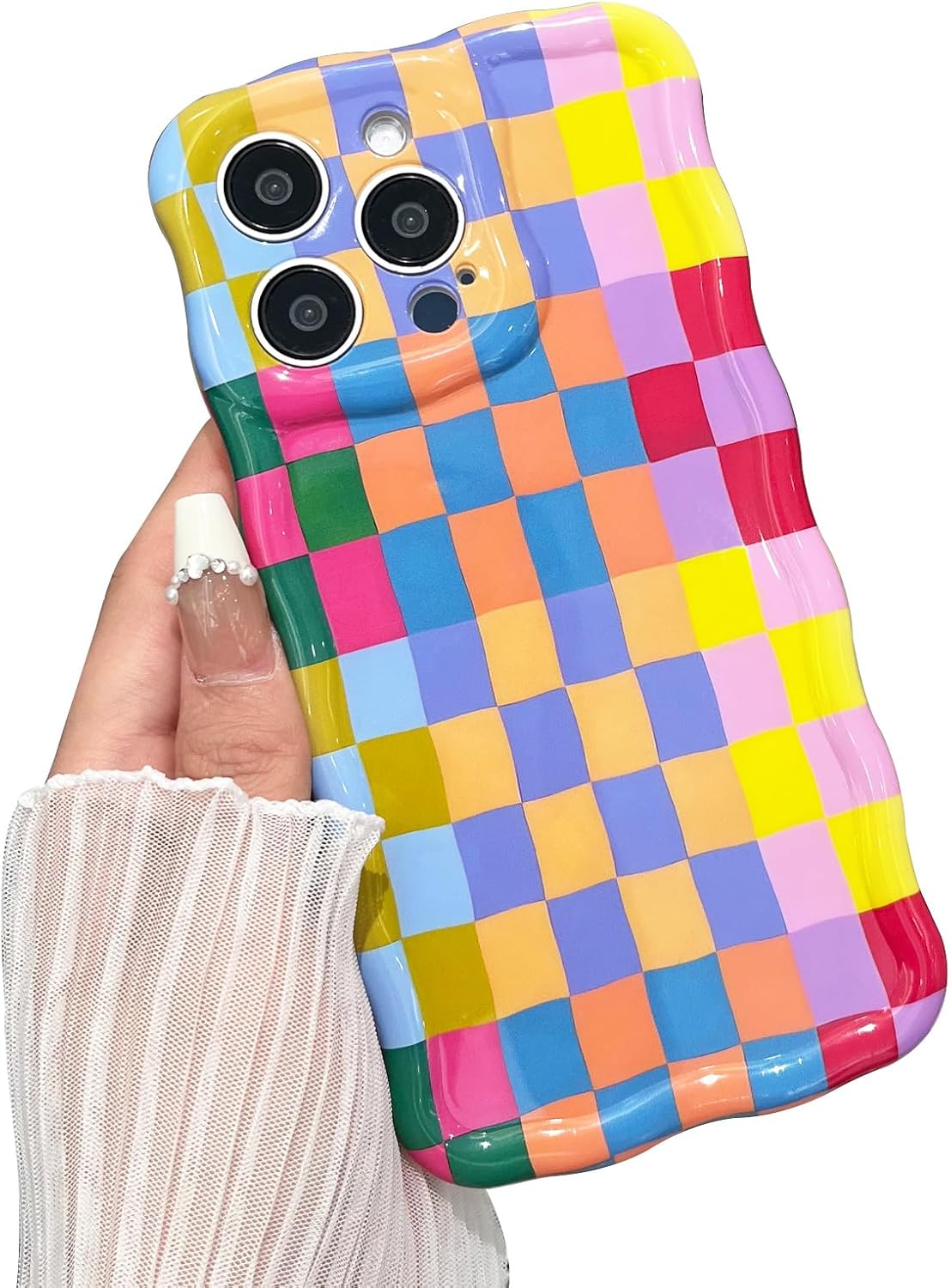 Product image of Compatible with iPhone 14 Case, Cute Wave Curly Colorful Checkerboard Plaid Phone Case for Women/Men, Soft TPU Shockproof Protection Case Designed for iPhone 14 (Colorful 2)