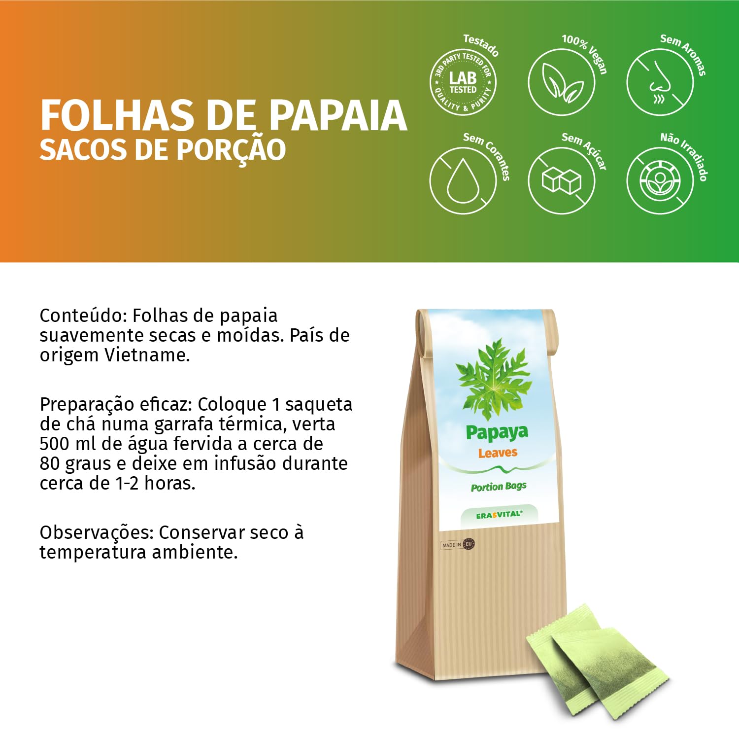 Papaya-Blätter und Papaya-Stängel gemahlen und portioniert im Filterbeutel ohne weitere Zusatzstoffe in Portionsbeutel (120 stück (1er Pack))