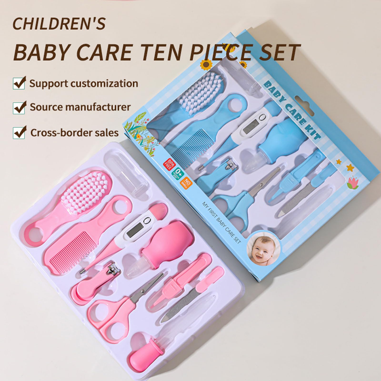 Liemuao Trousse de Soin Bébé Naissance 10 Pièces, Kit Toilettage Bébé avec Thermomètre Digital, Brosse, Peigne, Lime, Mouche Bébé, Rose