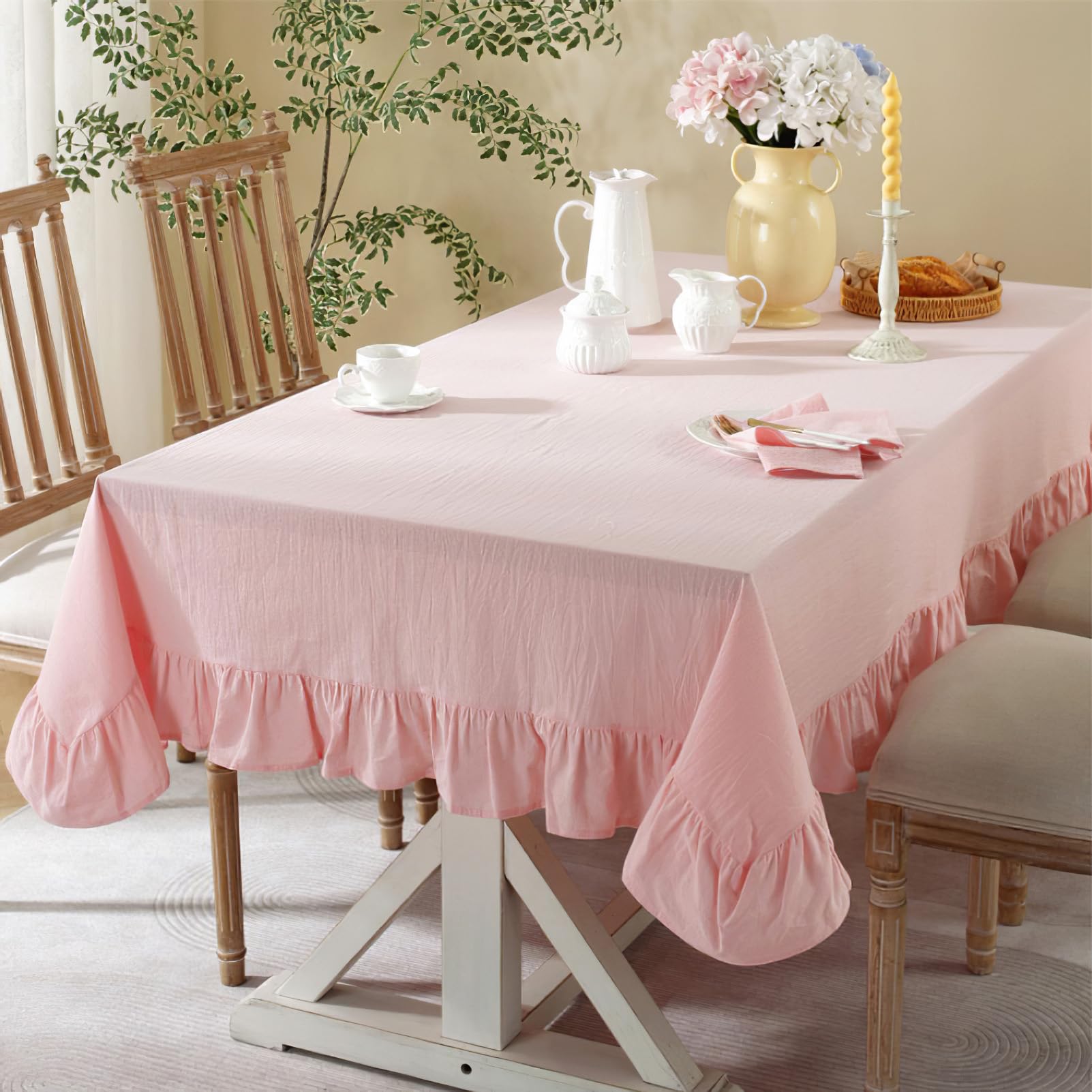 Nappe carrée à volants rose de style rustique pour table de cuisine chic pour fête, mariage, 140 x 140 cm