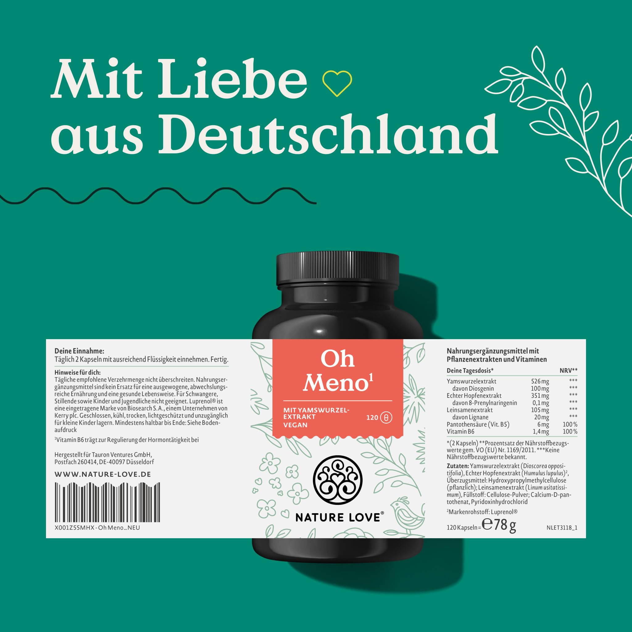 NATURE LOVE® Oh Meno für die Wechseljahre – 120 Kapseln – mit 526mg Yamswurzelextrakt, Leinsamenextrakt und Vitamin B5 und B6 – vegan, hochdosiert