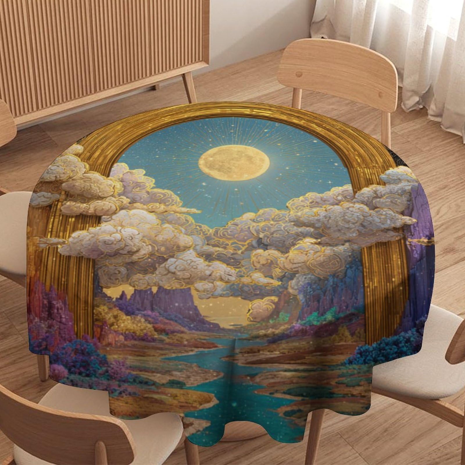 LUYYSKY Rustic Colorful Fantasy Archway Round Tablecloth Classic Watercolor Full Moon Starry Sky Outer Space Galaxy Washable Decor for Table Cover for Kitchen-152.4" Wx152.4 L cm