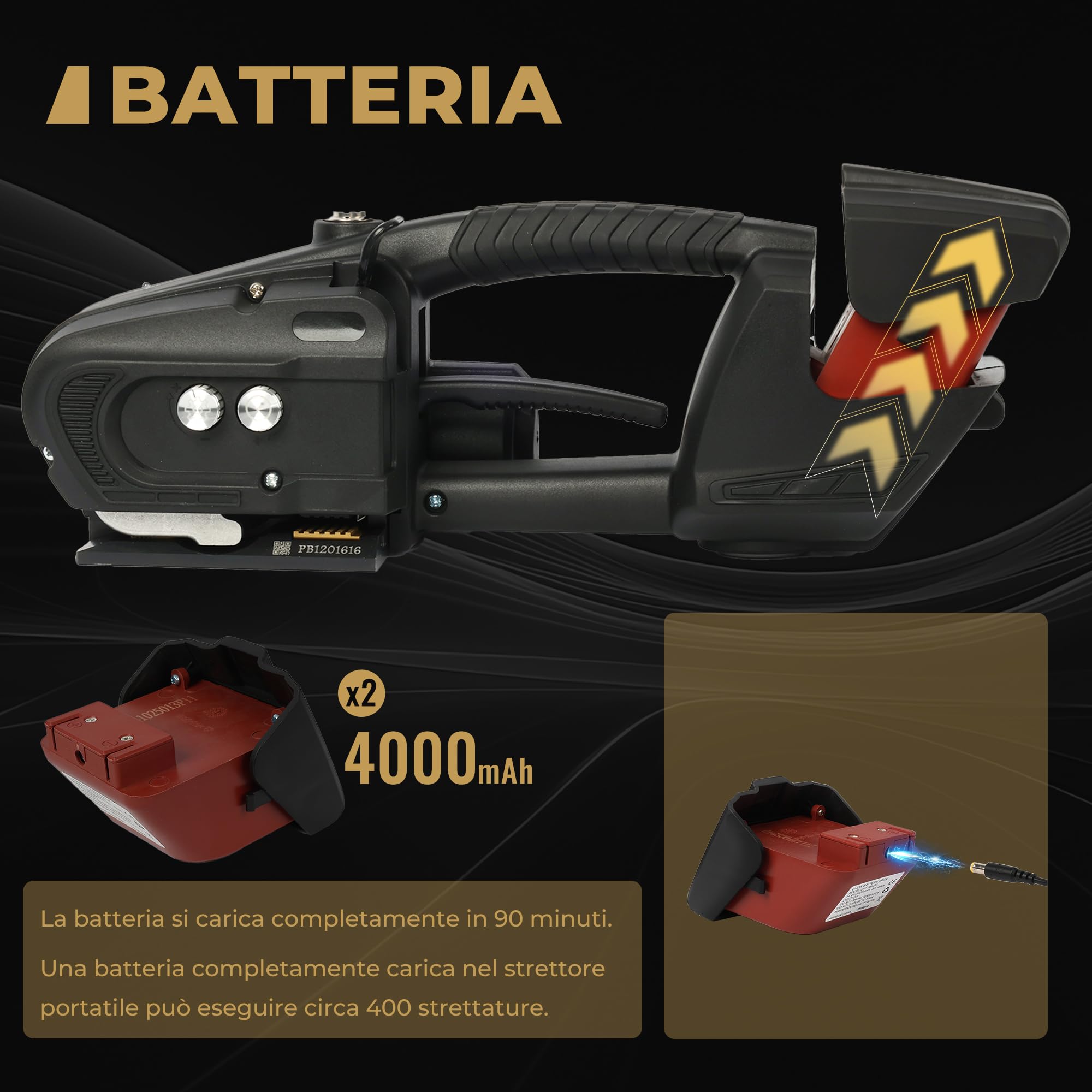 U.S. Solid Reggiatrice elettrica automatica a batteria – 2 x 4000 mAh, per nastri PP/PET 13-16 mm, per imballaggio e pallet